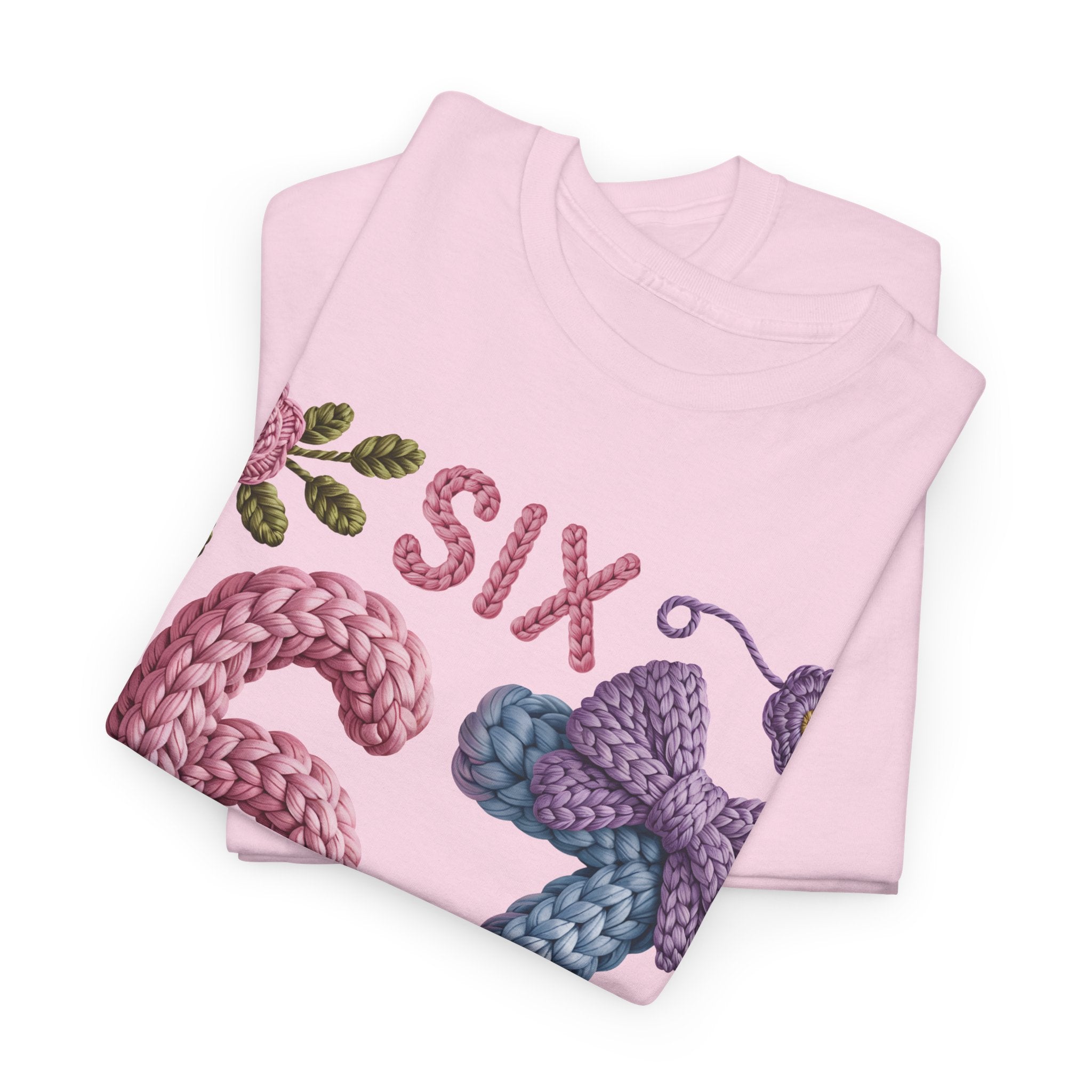 Pastel Crochet Numbers 6 & 7 Tee — Faux-Yarn Bows & Flowers. Unisex Cotton Tee