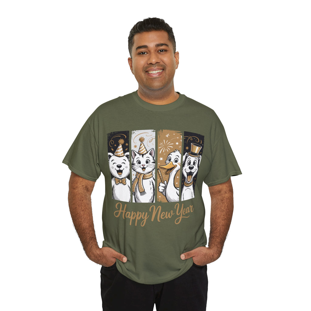 Happy New Year Party Animals T-Shirt — Cute Smiling Animals in Party Hats & Gold Fireworks..Unisex Cotton Tee