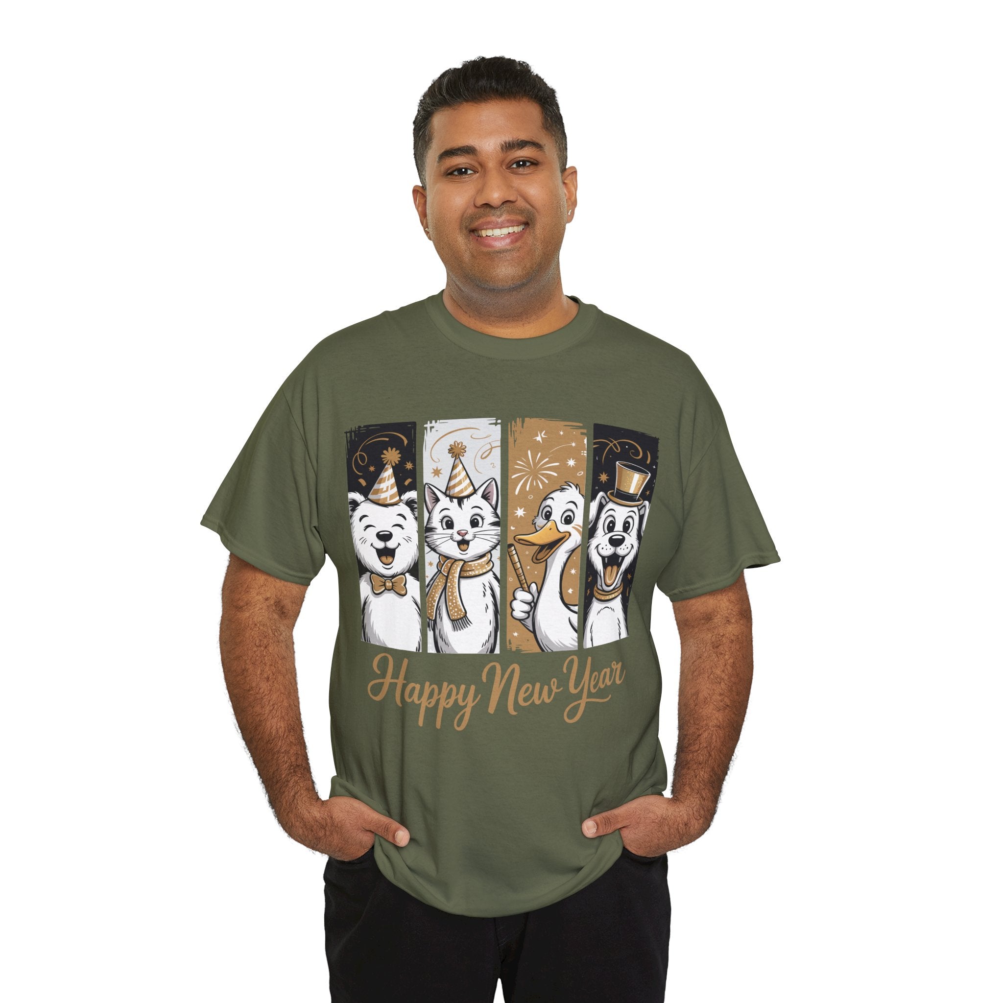 Happy New Year Party Animals T-Shirt — Cute Smiling Animals in Party Hats & Gold Fireworks..Unisex Cotton Tee