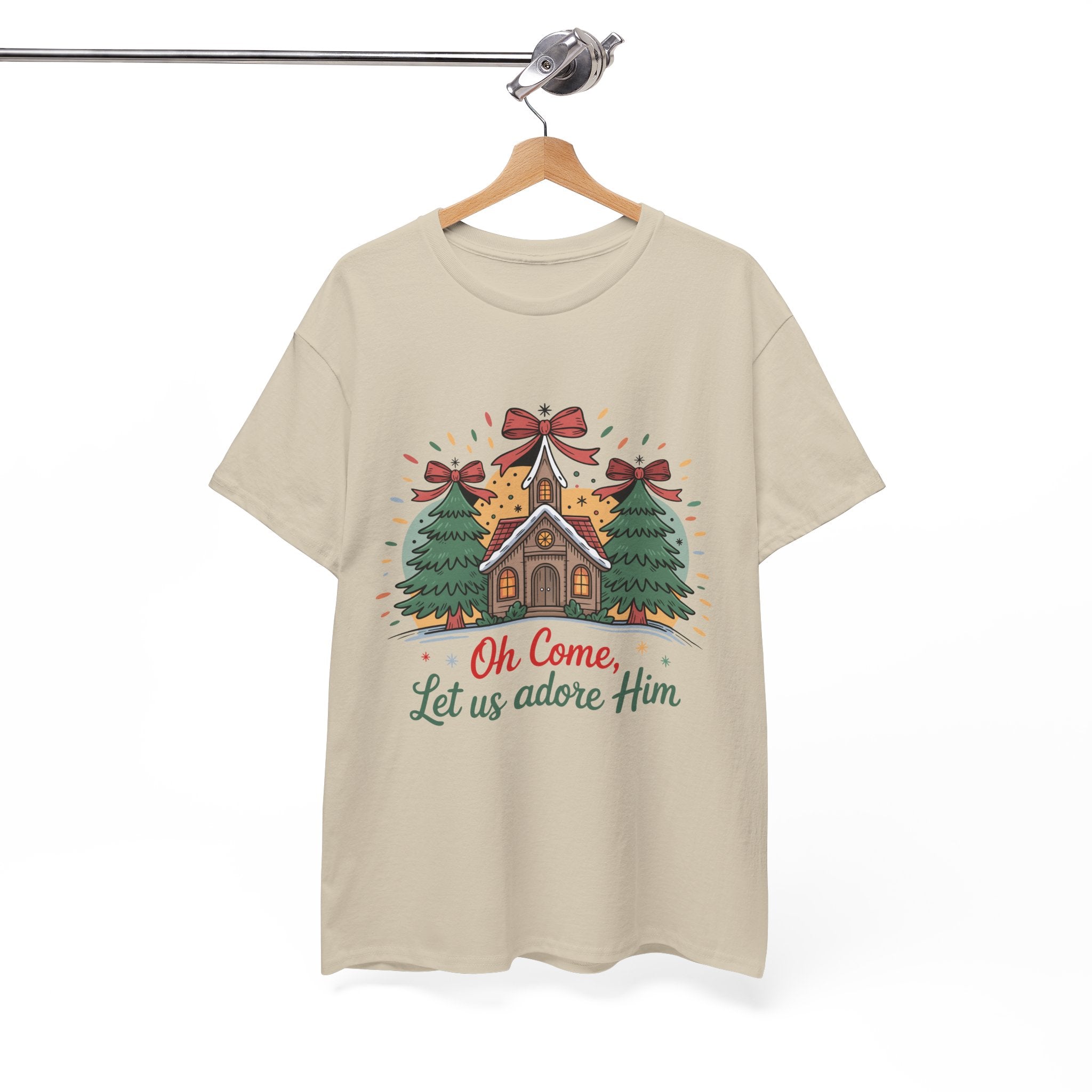 Oh Come Let Us Adore Him Christmas Tee — Church & Trees Holiday Unisex Cotton Tshirt