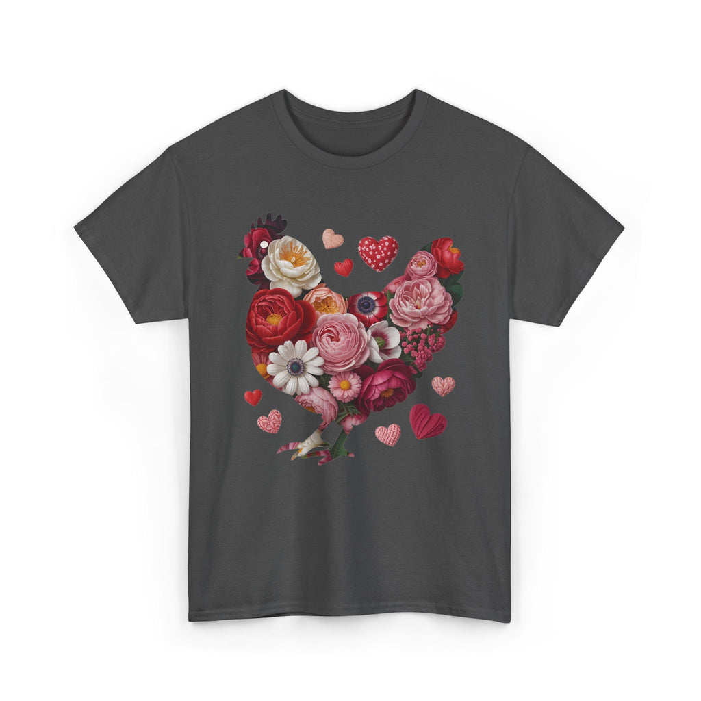 Floral Chicken Heart Tee — Red & Pink Flower Silhouette Unisex Cotton Tee