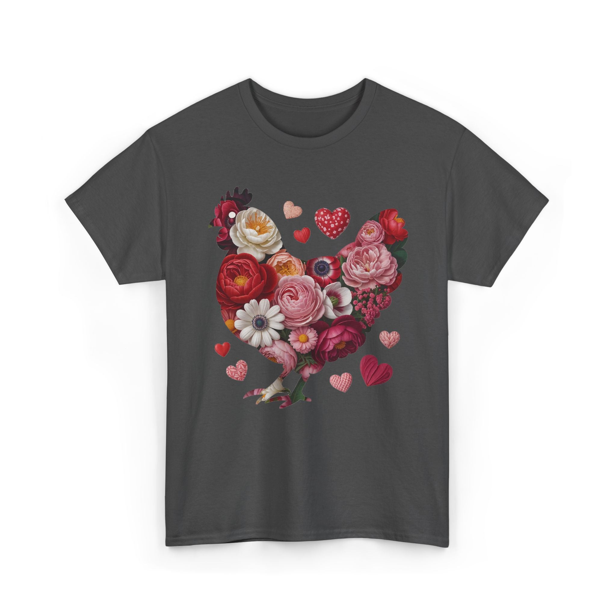 Floral Chicken Heart Tee — Red & Pink Flower Silhouette Unisex Cotton Tee