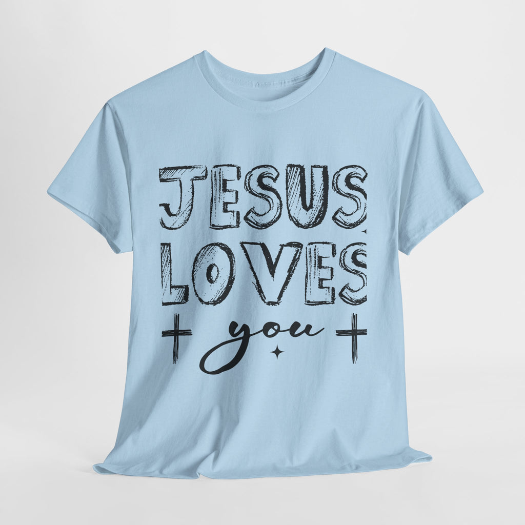 Jesus Loves You Chalk-Style Tee — Crosses & Stars Christian UNisex Cotton T-Shirt