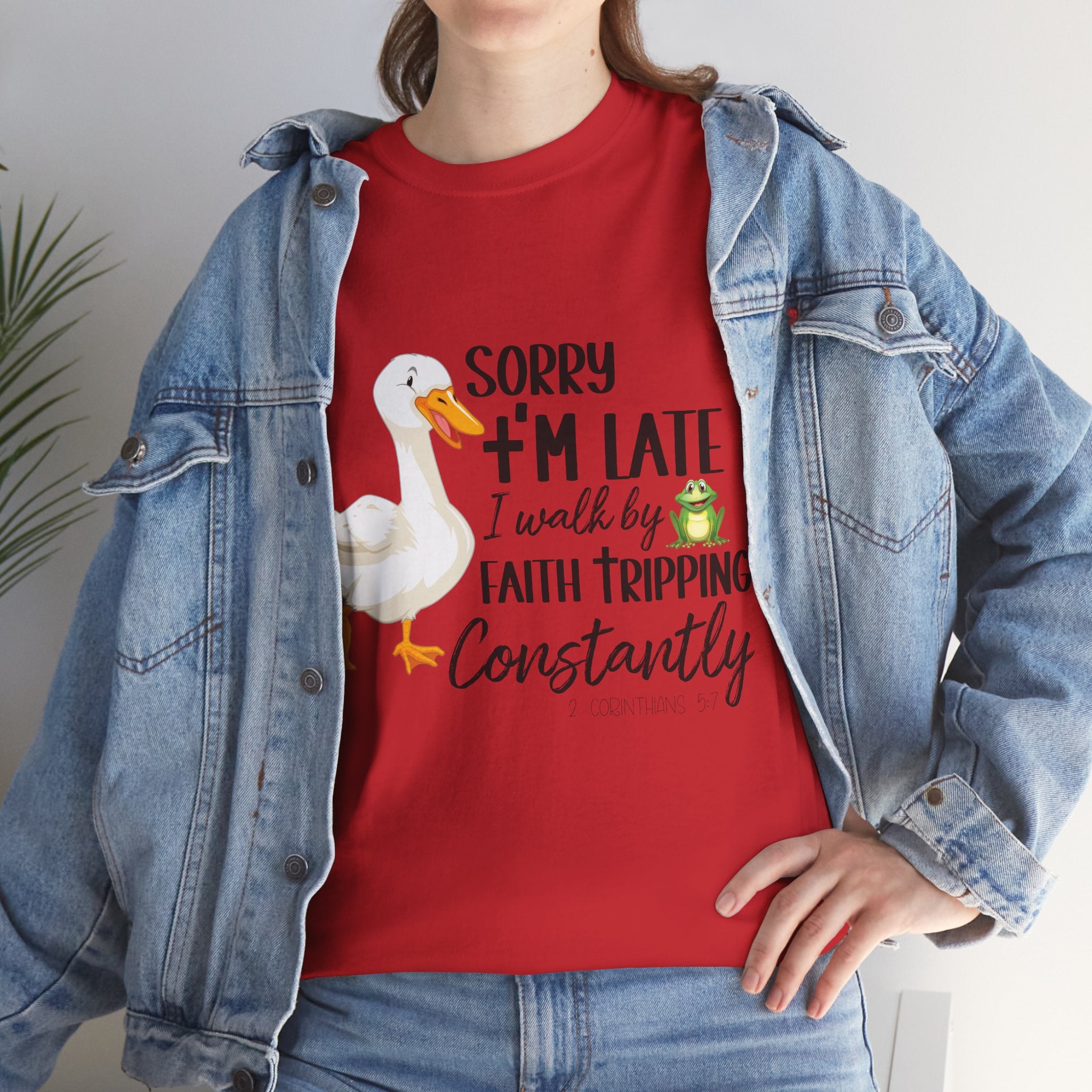 Christian Humor T-Shirt — “Sorry I’m Late, I Walk by Faith Tripping Constantly” (Duck & Frog). Unisex Cotton Tee