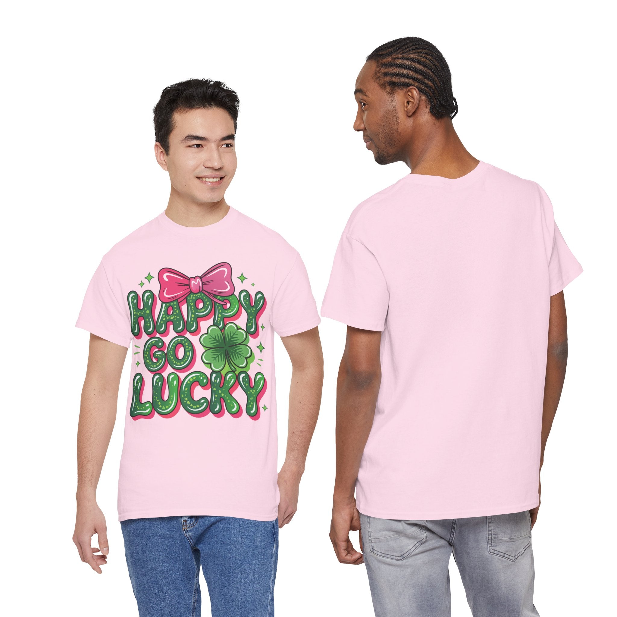Happy Go Lucky Four-Leaf Clover Tee — Glossy Green Letters & Pink Bow Unisex Cotton Tee