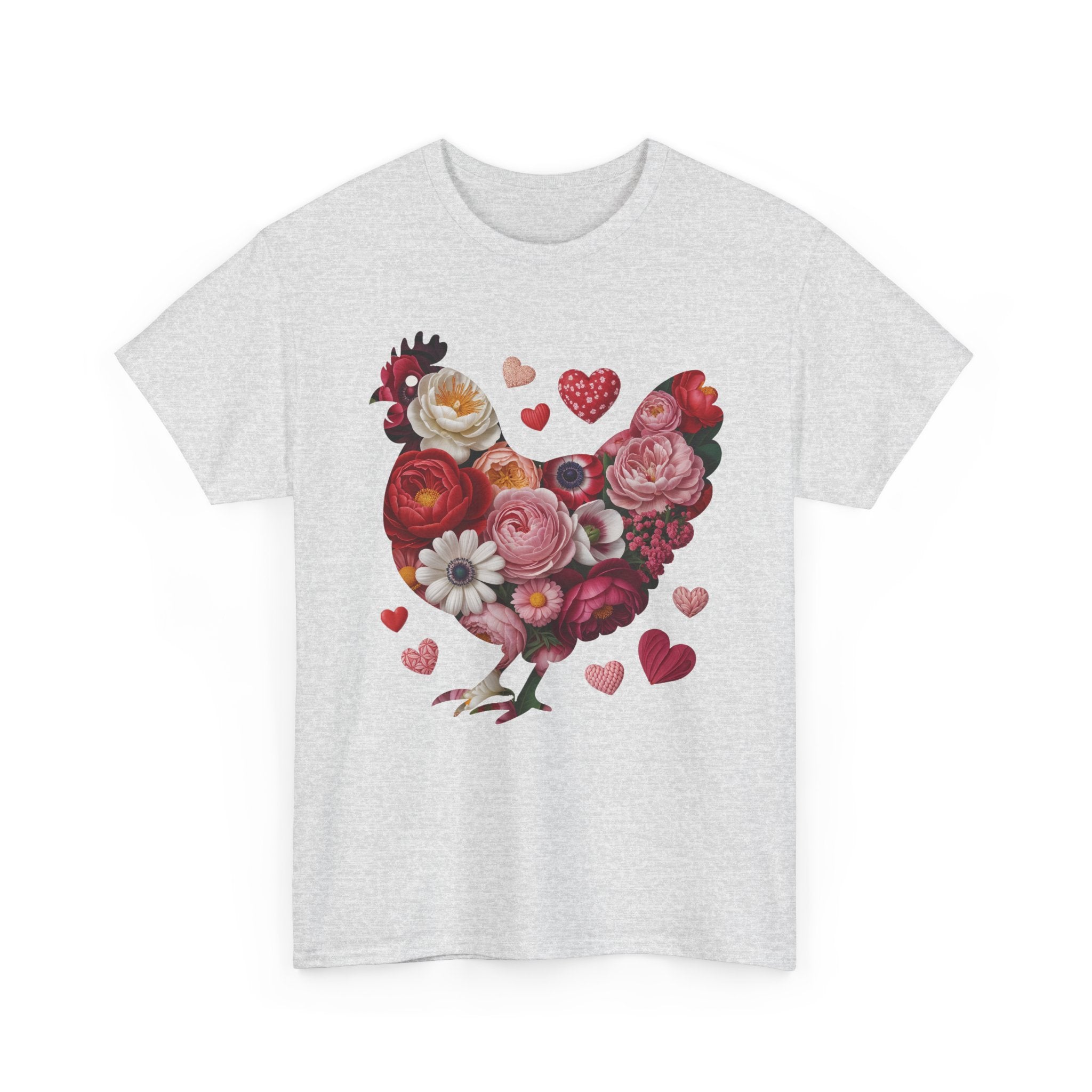 Floral Chicken Heart Tee — Red & Pink Flower Silhouette Unisex Cotton Tee