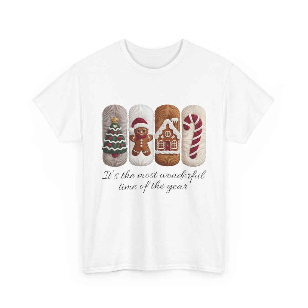 Christmas Faux-Yarn Tree Tee — Gingerbread House & Candy Cane Holiday Unisex Cotton T-Shirt