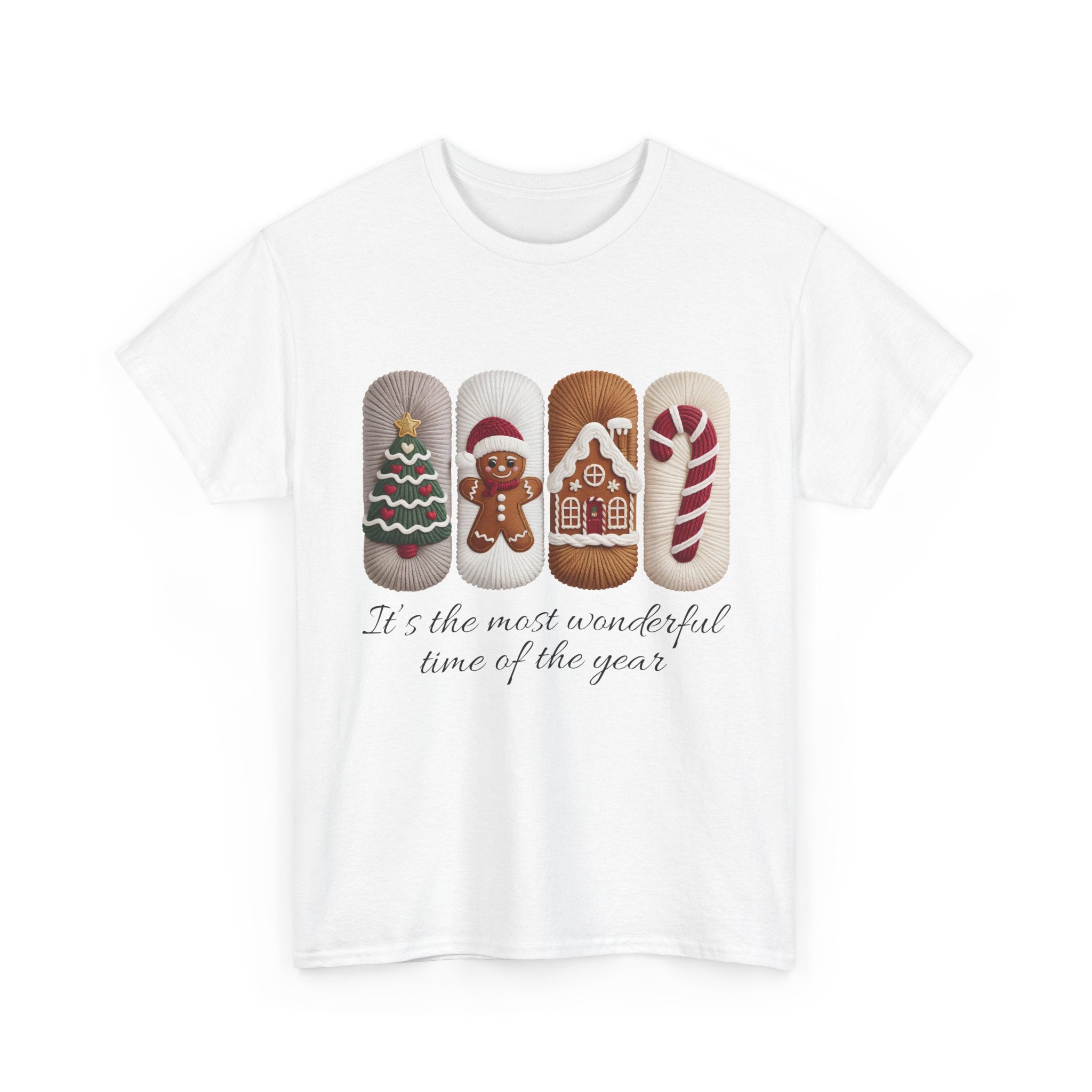 Christmas Faux-Yarn Tree Tee — Gingerbread House & Candy Cane Holiday Unisex Cotton T-Shirt