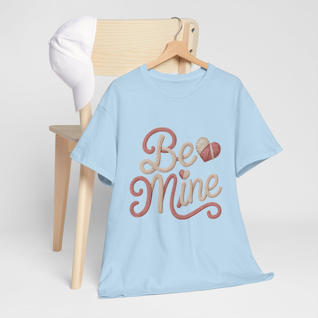 Be Mine Yarn Heart T-Shirt — Valentine’s Faux-Yarn Pink & Cream Unisex Cotton Tee