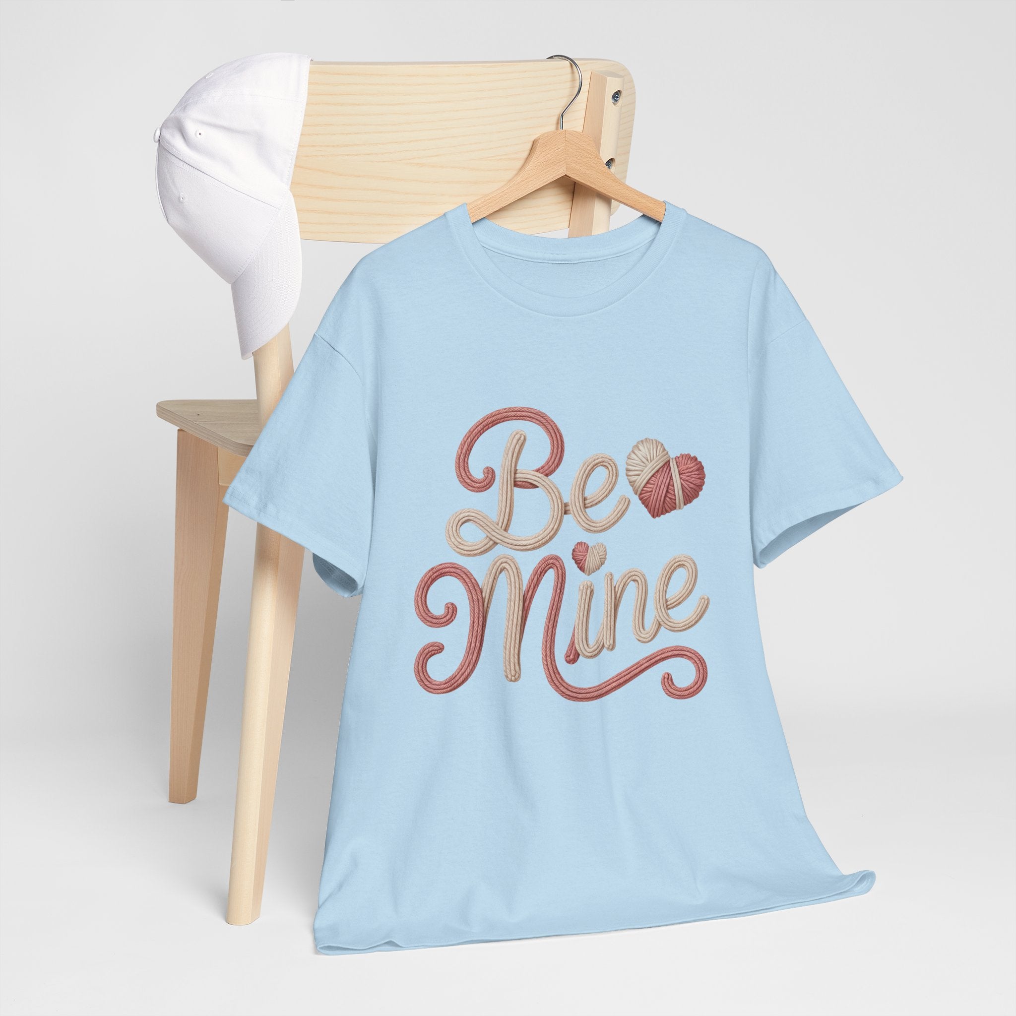 Be Mine Yarn Heart T-Shirt — Valentine’s Faux-Yarn Pink & Cream Unisex Cotton Tee