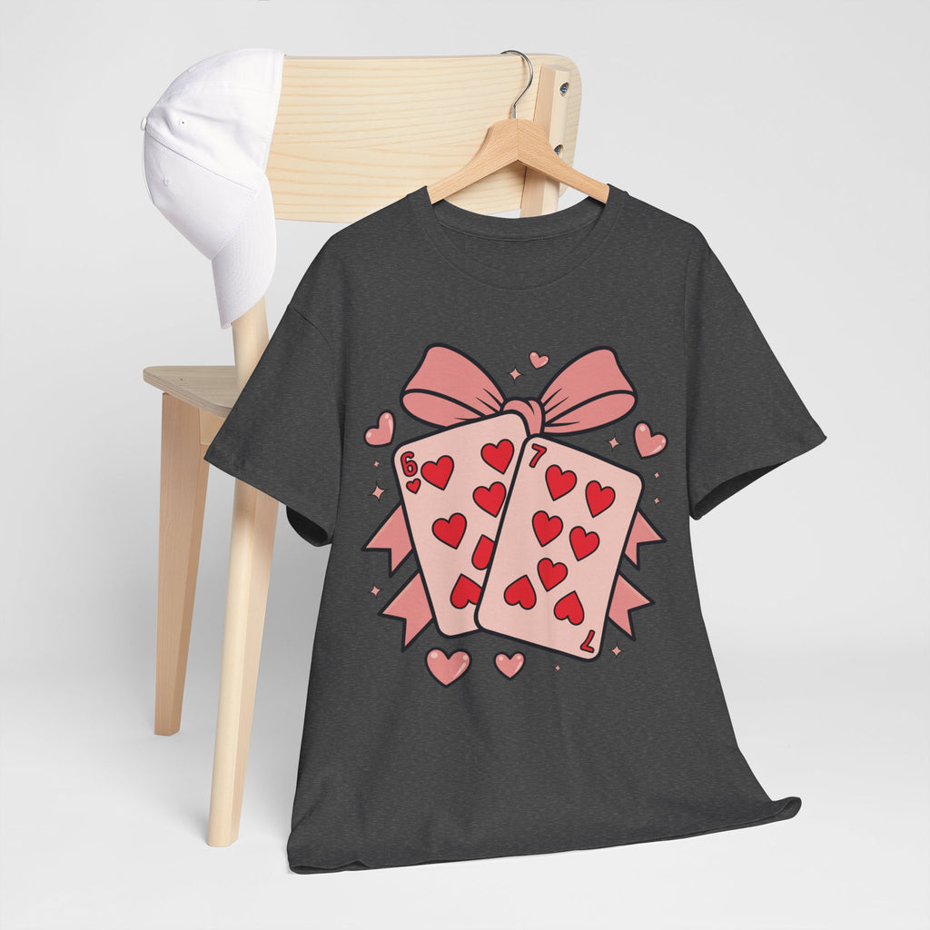 6 & 7 of Hearts T-Shirt — Paired Playing Cards with Pink Bow Unisex Cotton Tee
