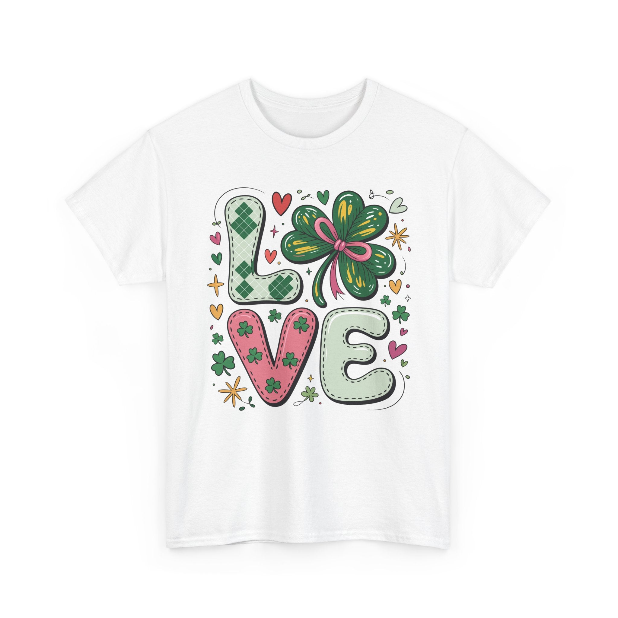 Stitched Clover 'LOVE' Tee — Heart & Patchwork St. Patrick's Unisex Cotton T-Shirt