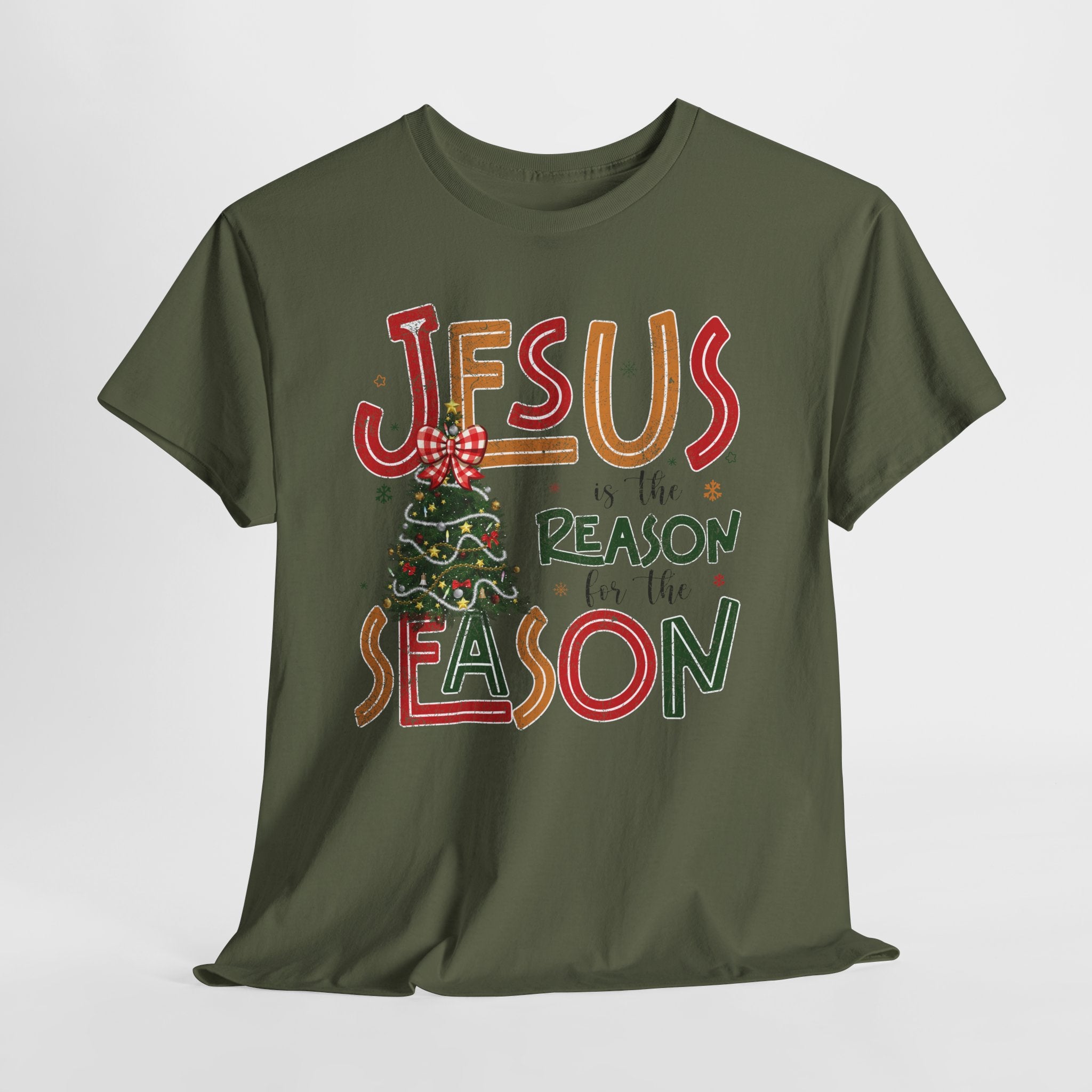 Jesus Is the Reason for the Season Christmas T-Shirt — Plaid Bow Tree..Unisex Cotton Tee