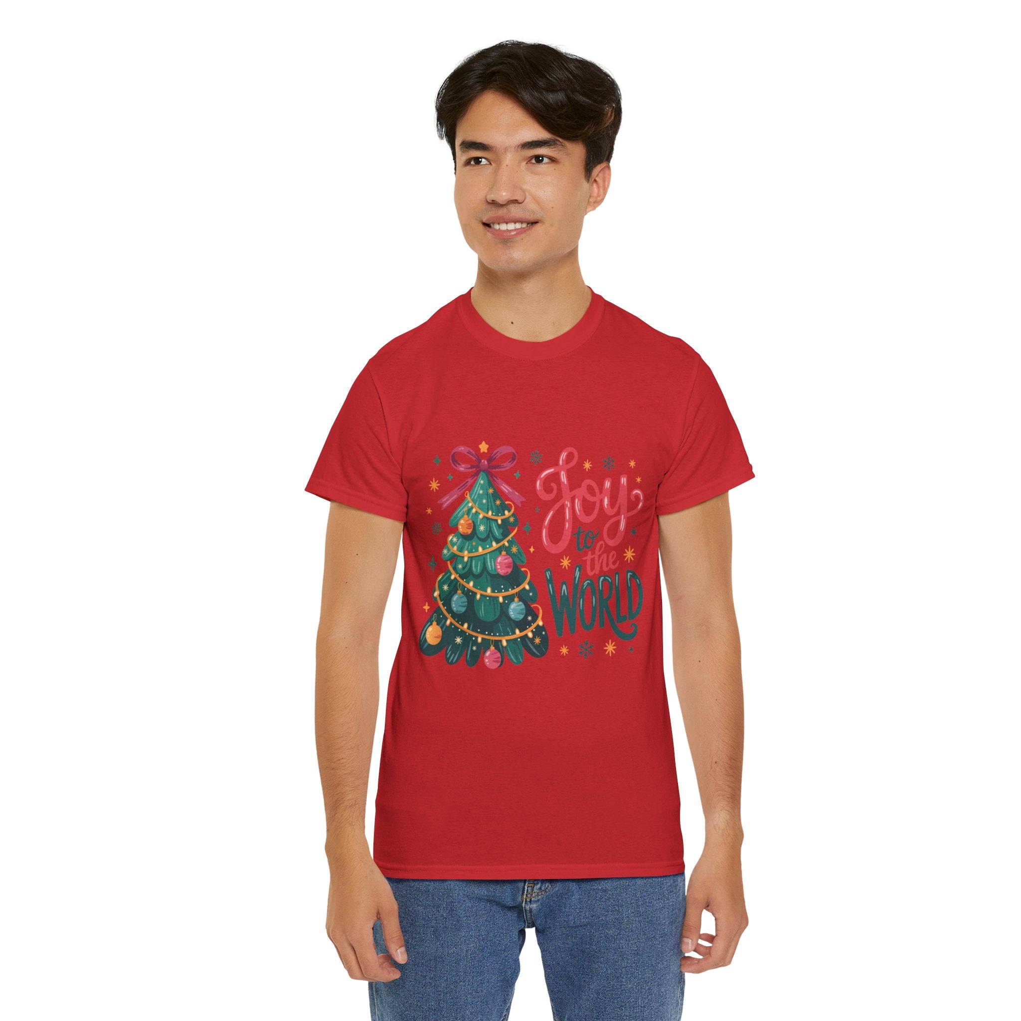 Joy to the World Christmas Tee — Festive Tree with Pink Bow..Unisex Cotton Tee