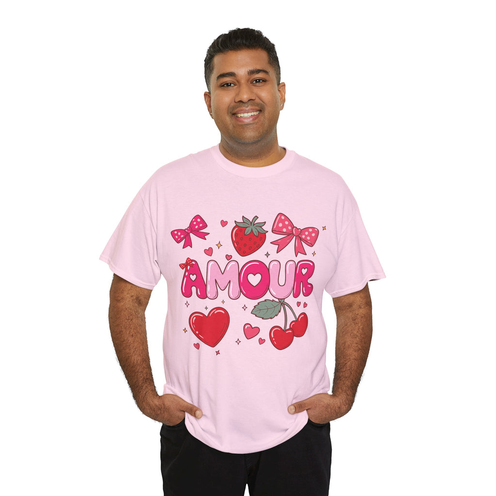 Amour Pink Hearts Tee — Shiny Lettering with Bows, Cherries & Strawberry Accent...Unisex Cotton Tee