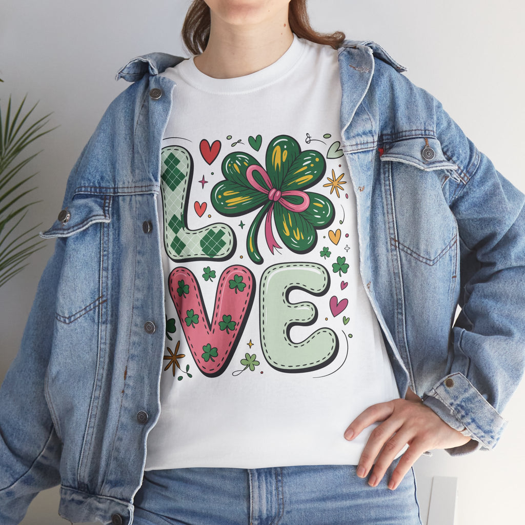 Stitched Clover 'LOVE' Tee — Heart & Patchwork St. Patrick's Unisex Cotton T-Shirt