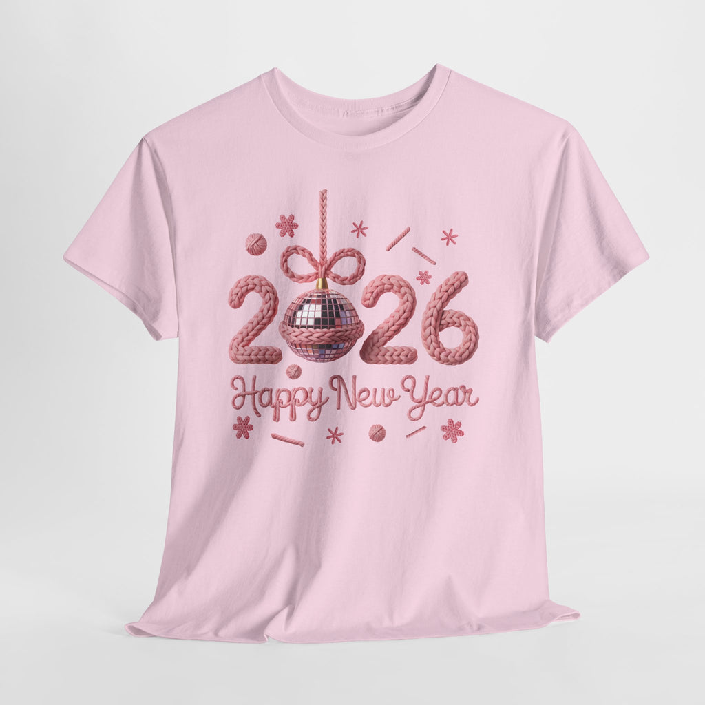 2026 Happy New Year Pink Knitted Disco Ball Unisex Cotton Tee