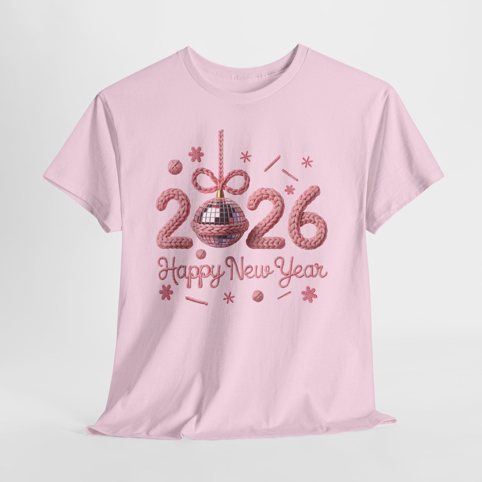 2026 Happy New Year Pink Knitted Disco Ball Unisex Cotton Tee