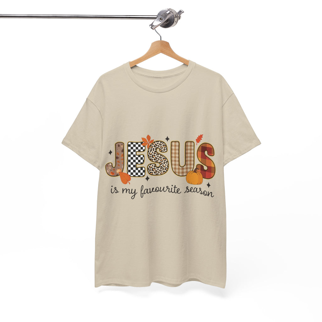 Jesus Is My Favorite Season Tee — Autumn Plaid & Leopard Lettering Unisex Cotton Tee