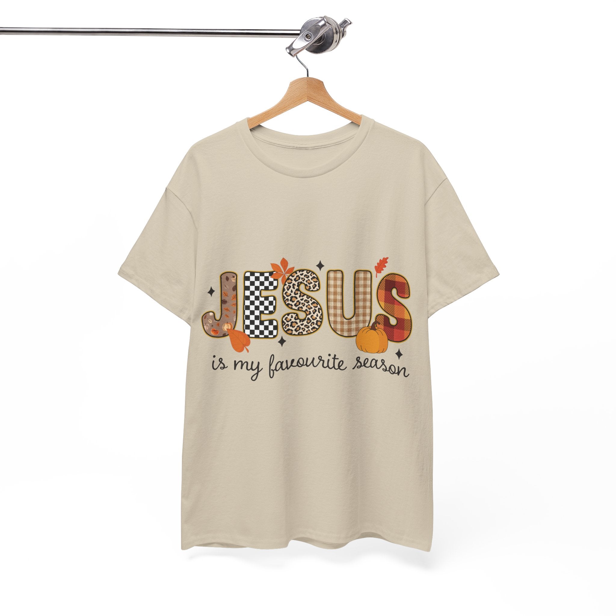 Jesus Is My Favorite Season Tee — Autumn Plaid & Leopard Lettering Unisex Cotton Tee