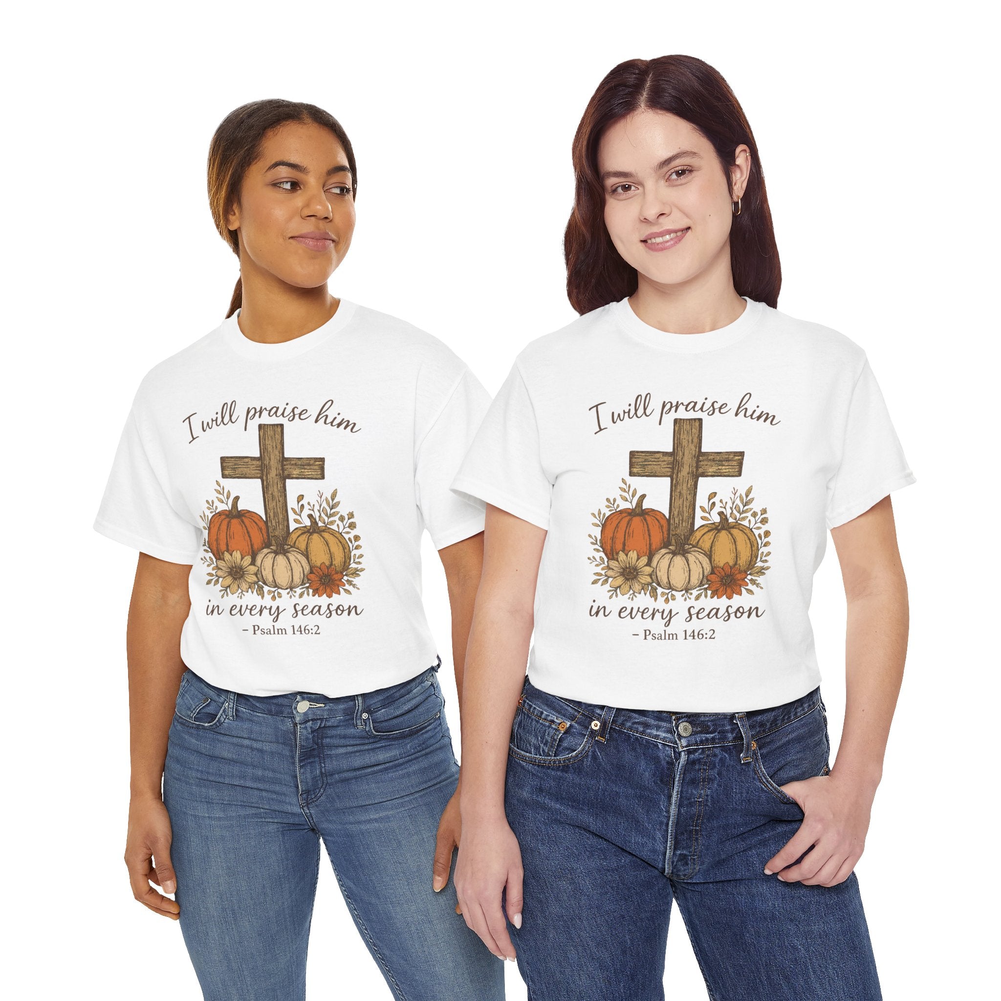 Psalm 146:2 Pumpkin Cross T-Shirt — I Will Praise Him in Every Season. Unisex Cotton Tee