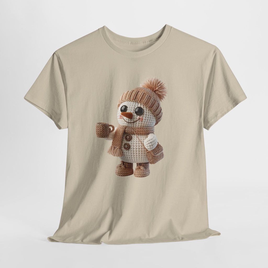Cozy Snowman Tee — Smiling Snowman with Mug, Scarf & Beanie. Unisex Cotton Tee