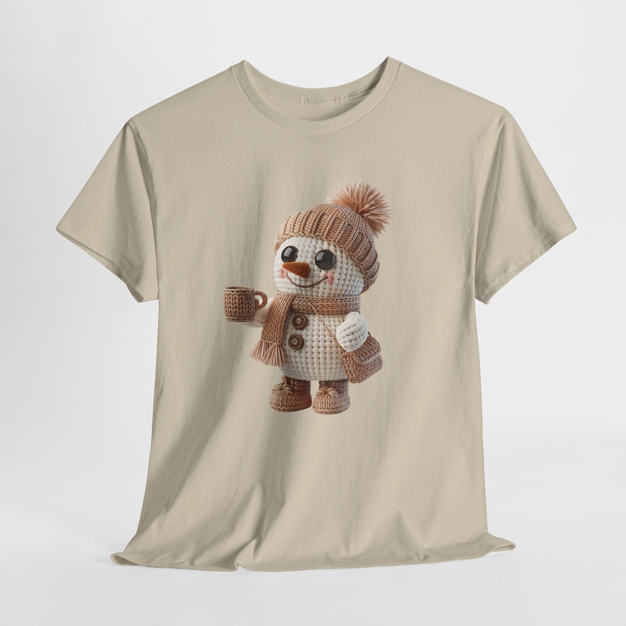 Cozy Snowman Tee — Smiling Snowman with Mug, Scarf & Beanie. Unisex Cotton Tee