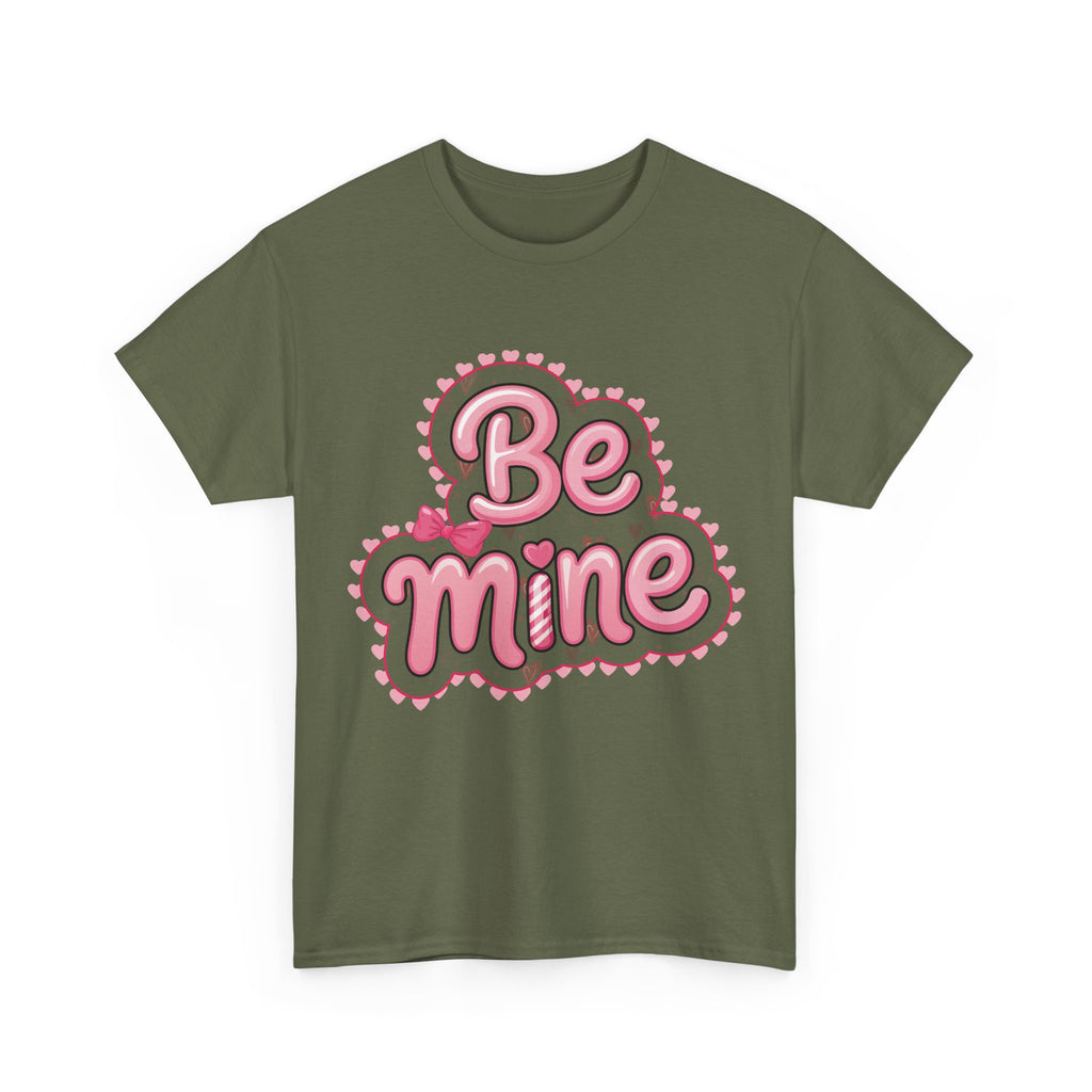 Be Mine Valentine T-Shirt — Pink Bubble Letters with Hearts & Bow..Unisex Cotton Tee