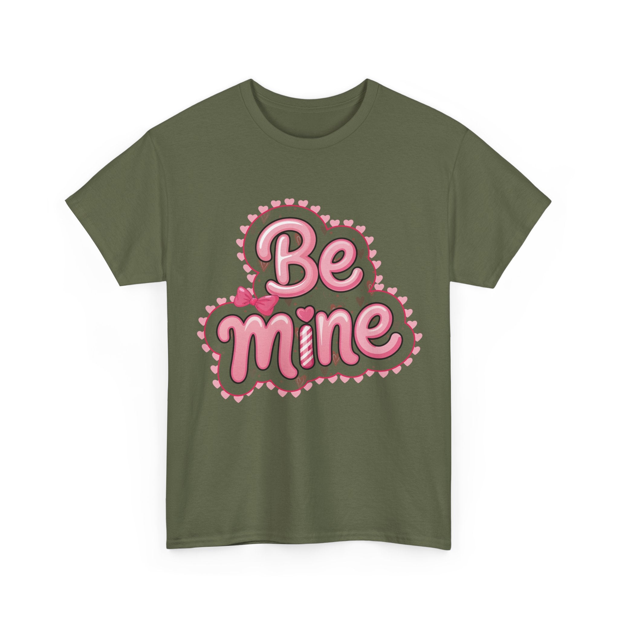 Be Mine Valentine T-Shirt — Pink Bubble Letters with Hearts & Bow..Unisex Cotton Tee