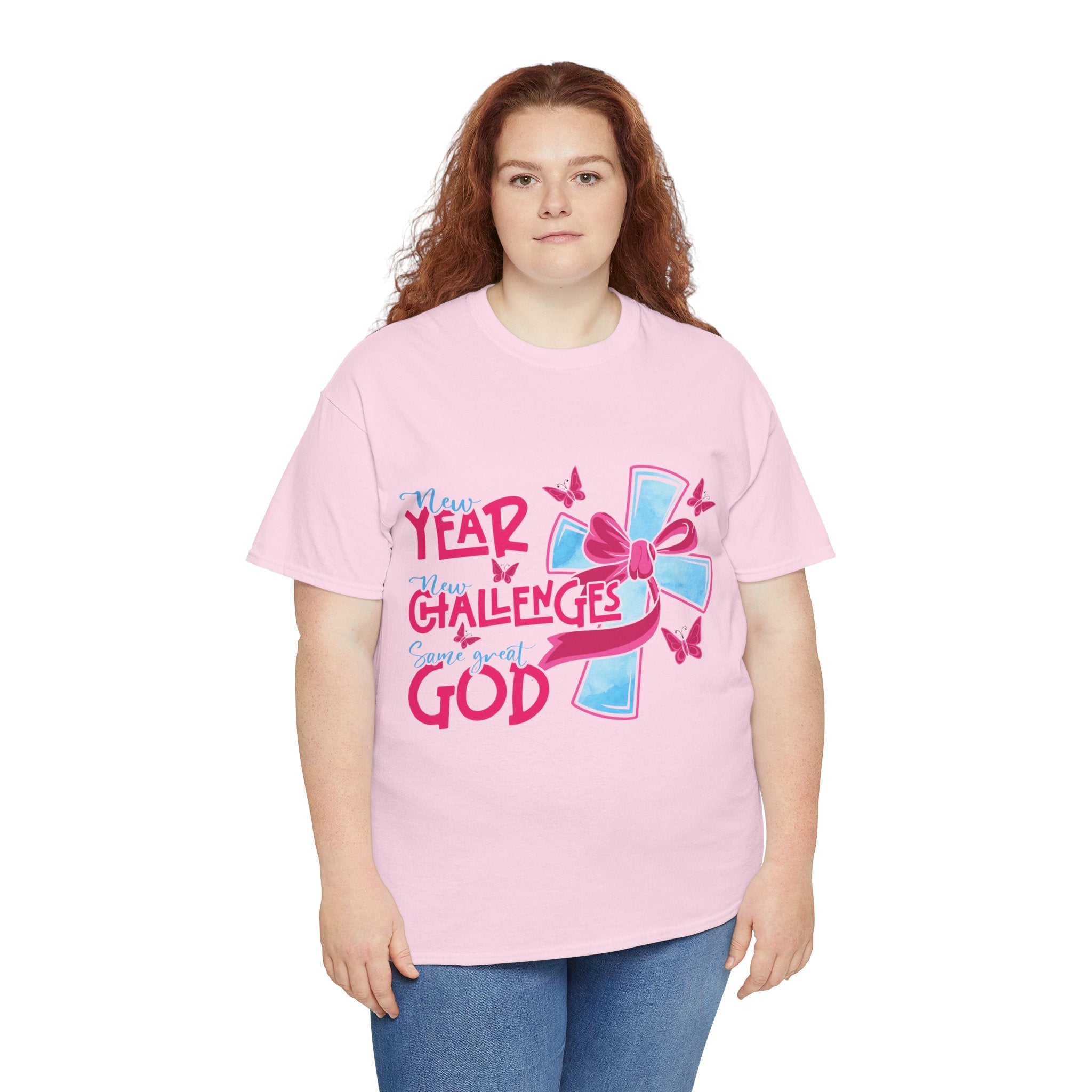 Christian T-Shirt — “New Year, New Challenges, Same Great God” with Pink Bow Cross & Butterflies. Unisex Cotton Tee
