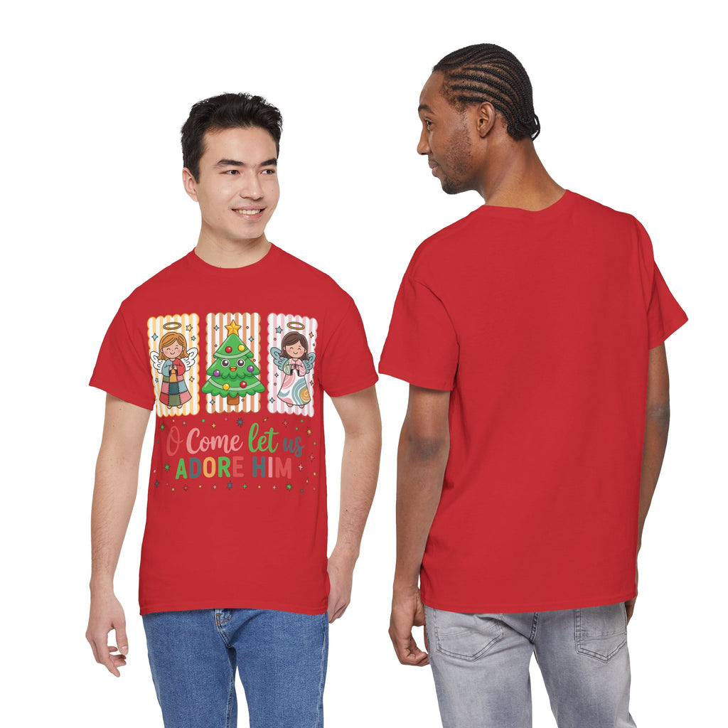 O Come Let Us Adore Him Christmas Tee — Smiling Angels & Happy Tree..Unisex Cotton Tee