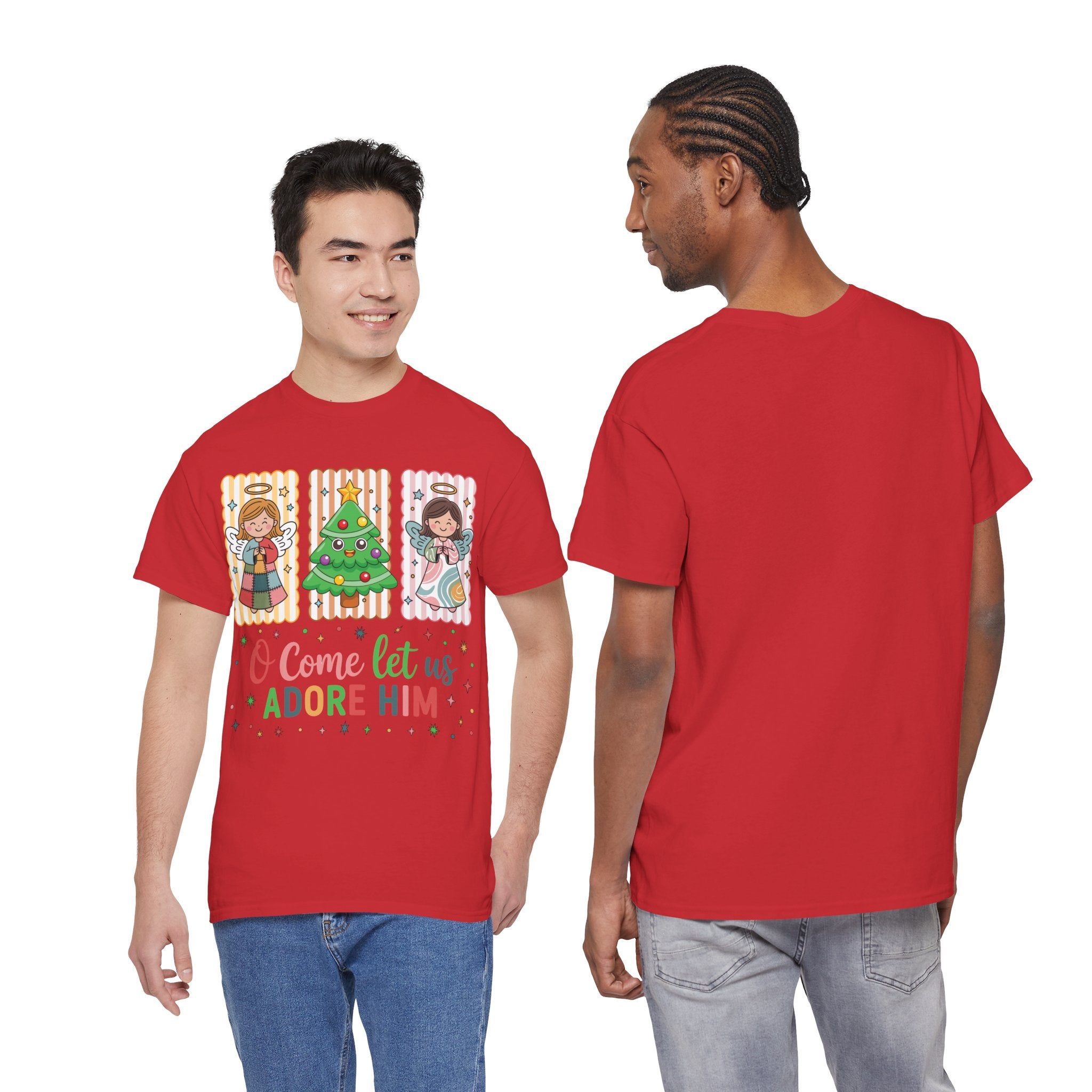 O Come Let Us Adore Him Christmas Tee — Smiling Angels & Happy Tree..Unisex Cotton Tee