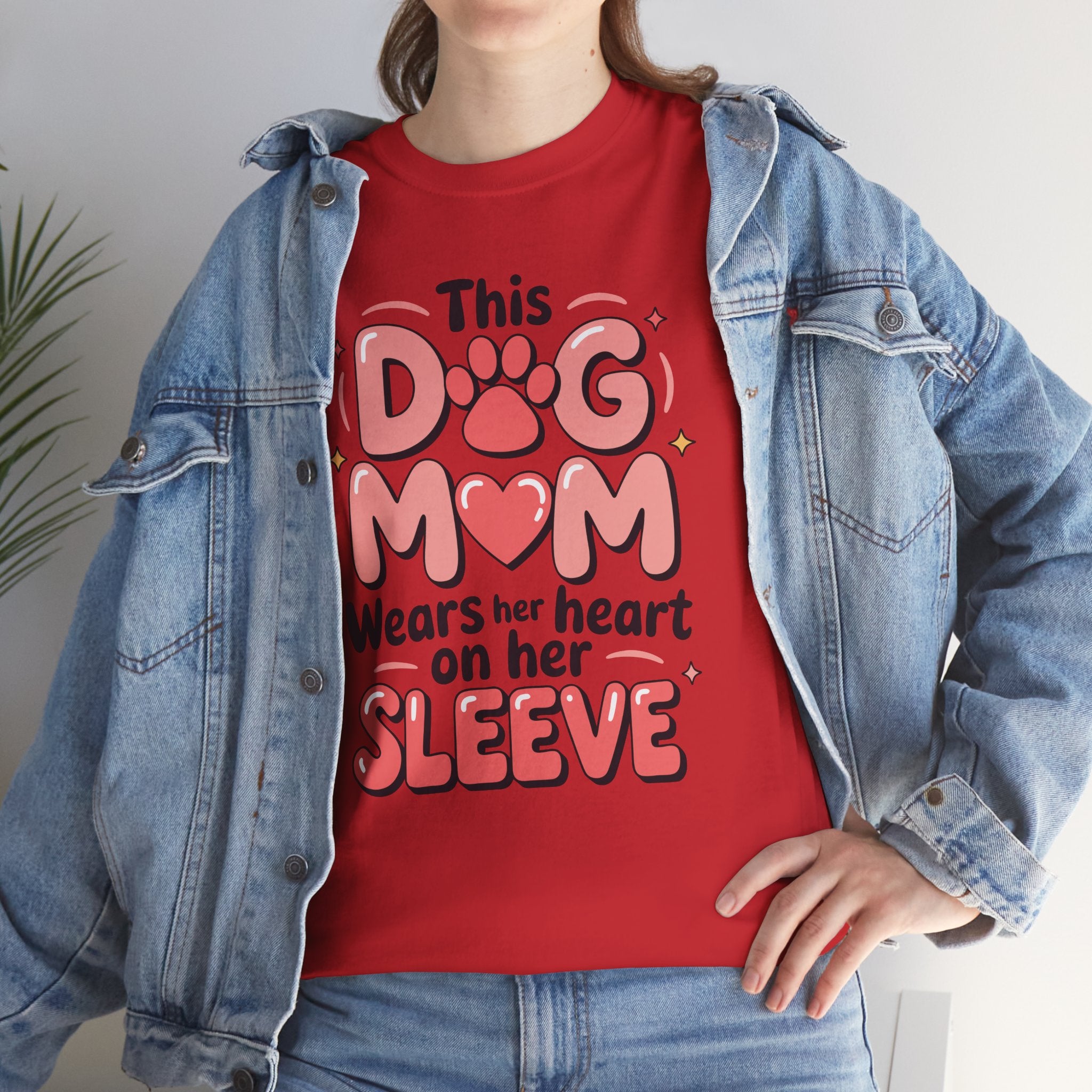 Dog Mom T-Shirt — "This Dog Mom Wears Her Heart on Her Sleeve" Paw & Heart Unisex Cotton Tee