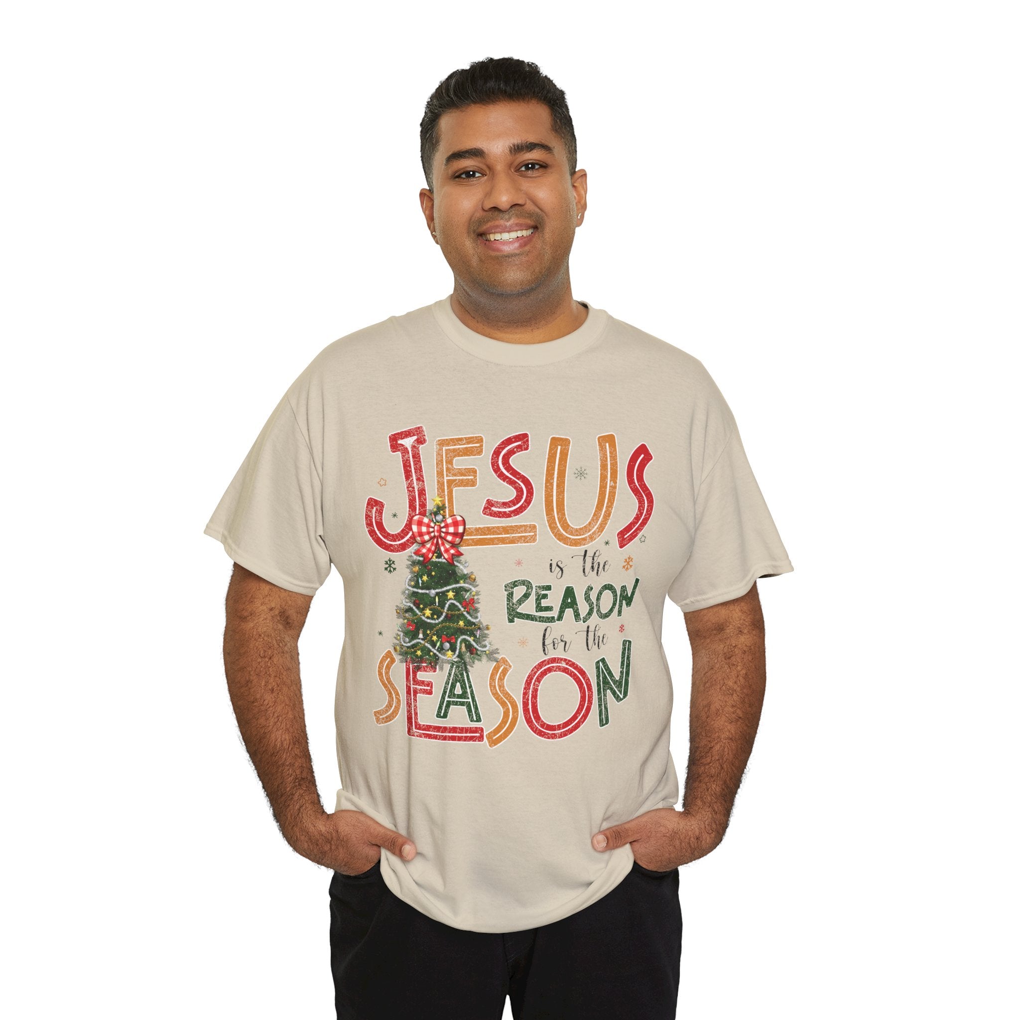 Jesus Is the Reason for the Season Christmas T-Shirt — Plaid Bow Tree..Unisex Cotton Tee