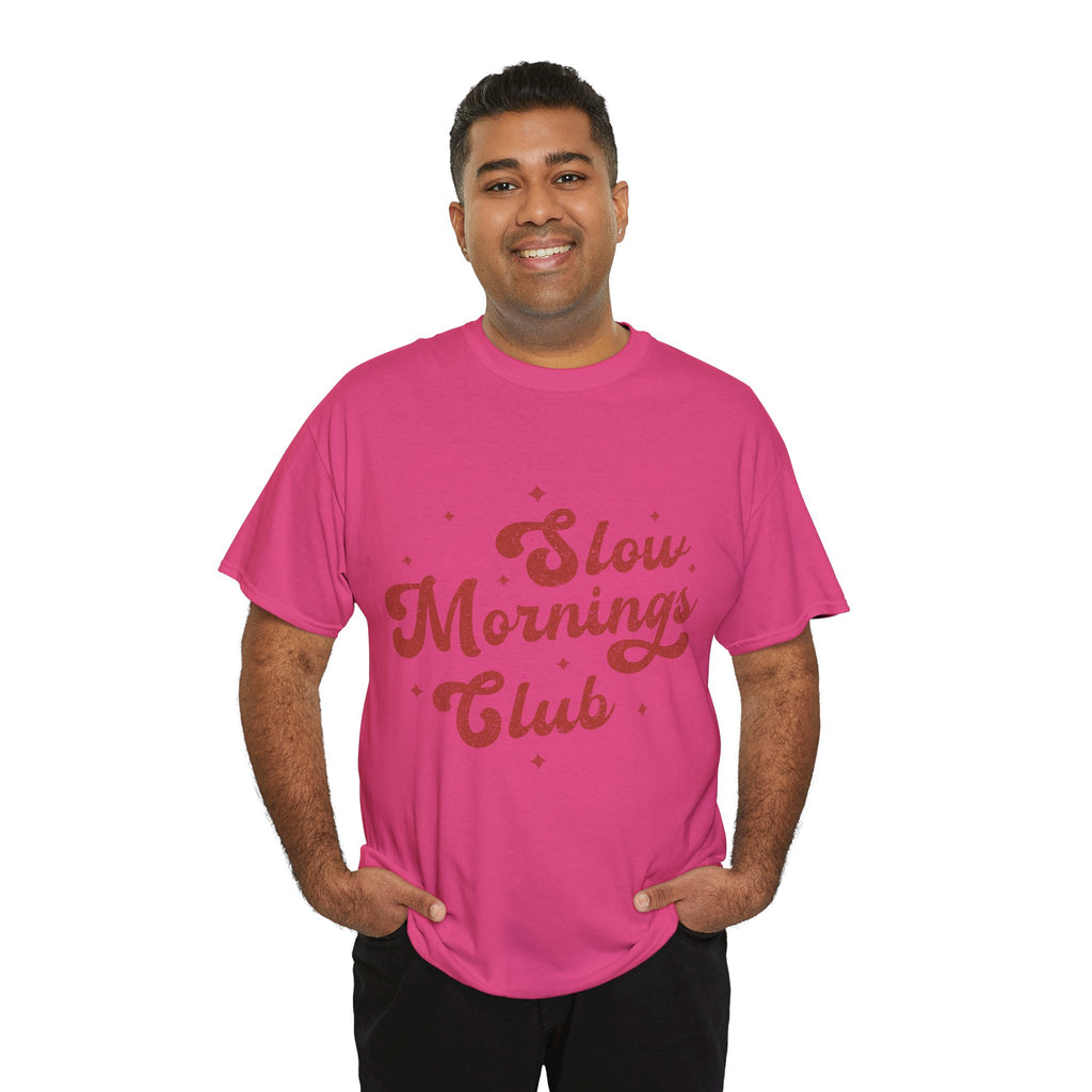 Slow Mornings Club T-Shirt — Retro Red Sparkle Unisex Cotton Tee