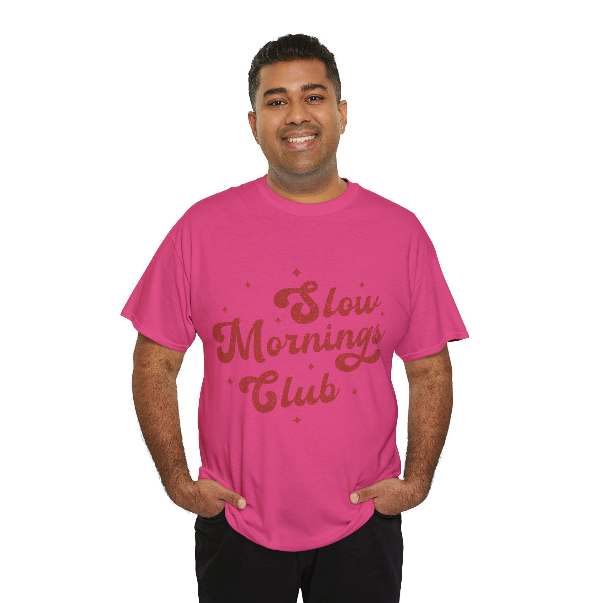 Slow Mornings Club T-Shirt — Retro Red Sparkle Unisex Cotton Tee