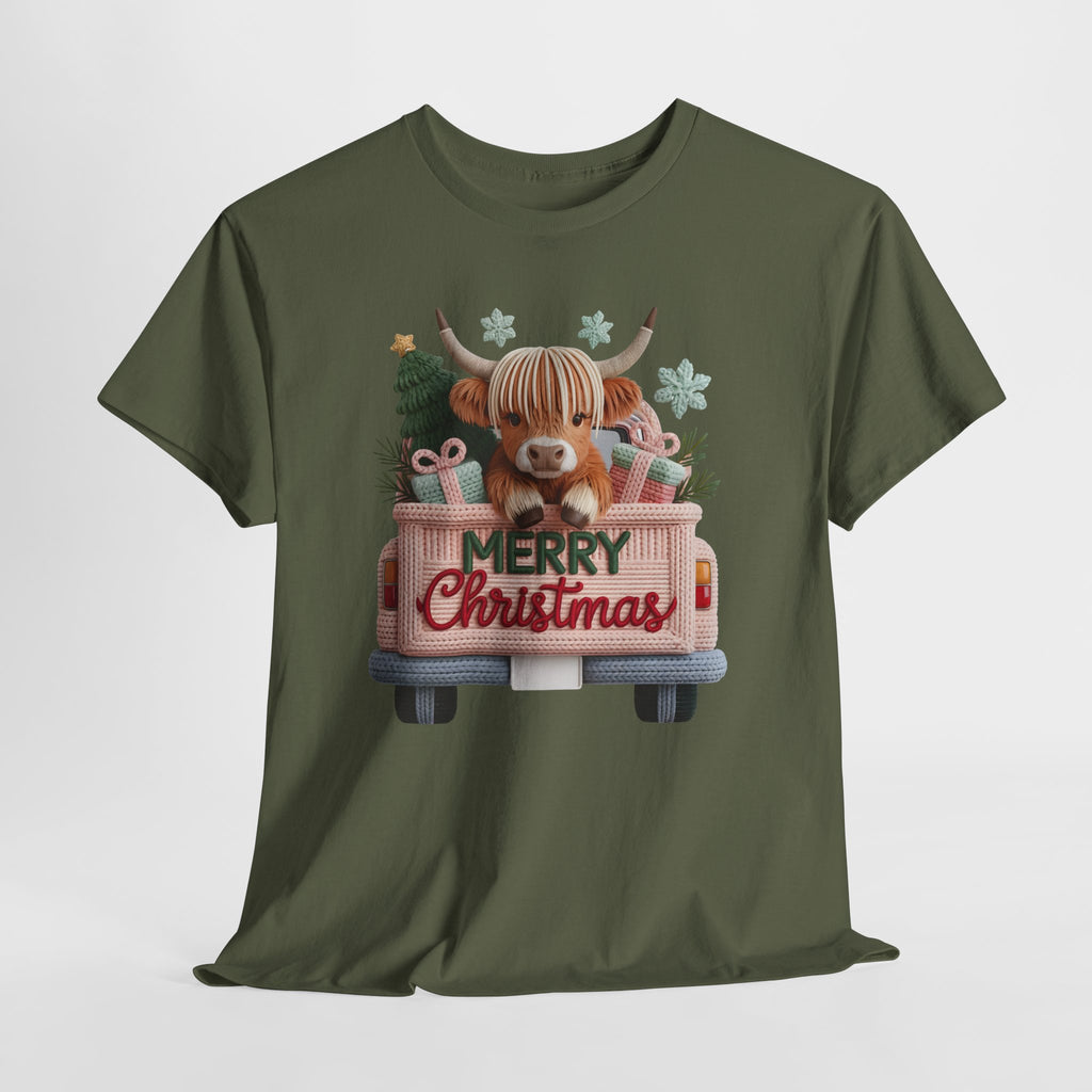 Merry Christmas Highland Cow Knit Truck Unisex Cotton T-Shirt