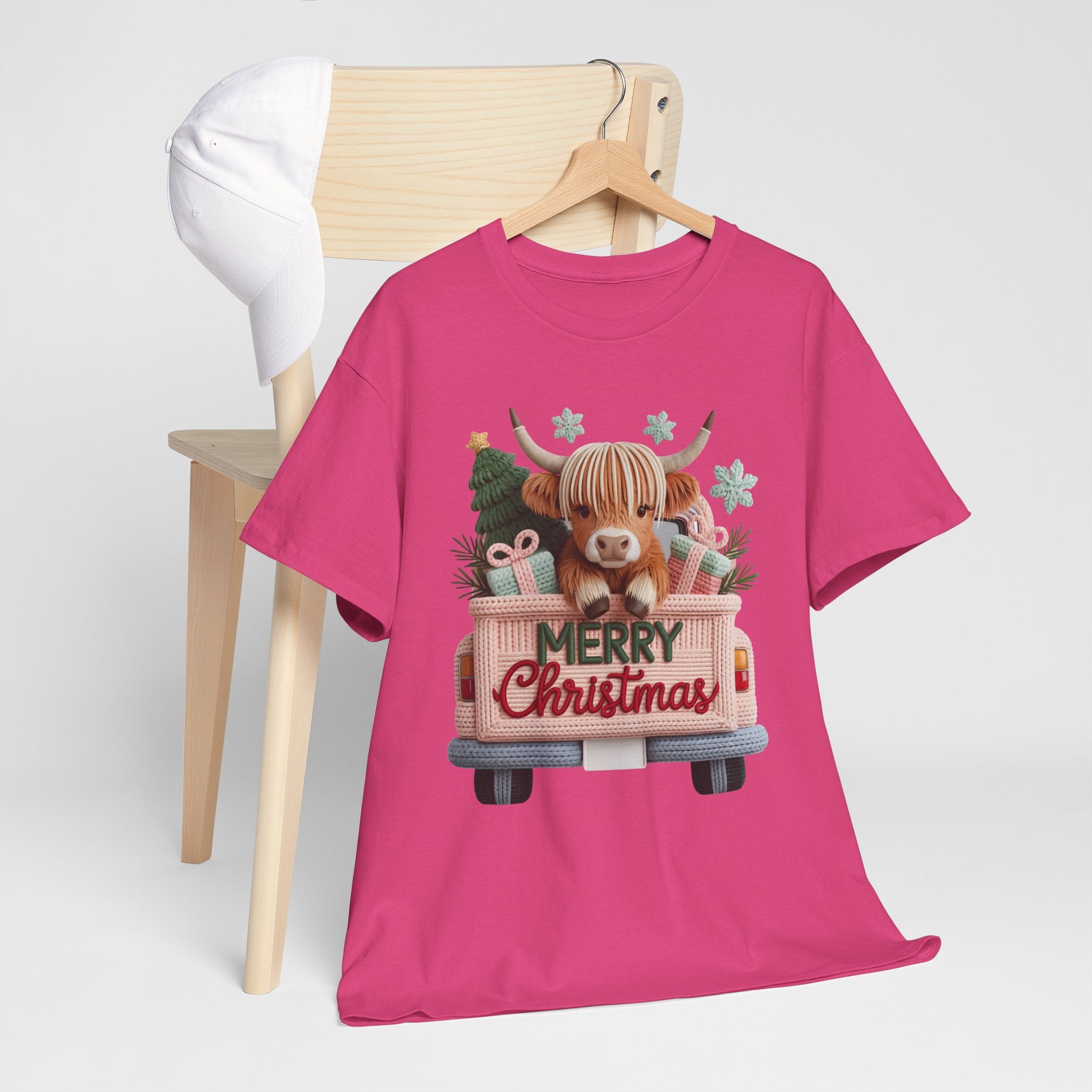 Merry Christmas Highland Cow Knit Truck Unisex Cotton T-Shirt