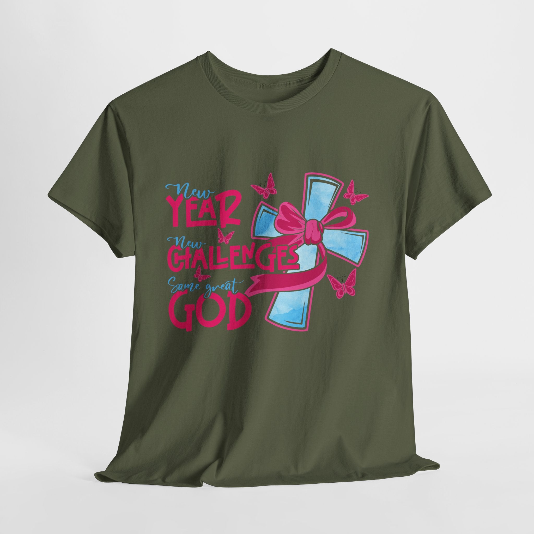 Christian T-Shirt — “New Year, New Challenges, Same Great God” with Pink Bow Cross & Butterflies. Unisex Cotton Tee