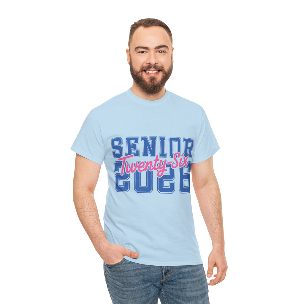 Senior 2026 Tee — Pink Varsity Block with Blue Script Overlay Unisex Cotton Tee