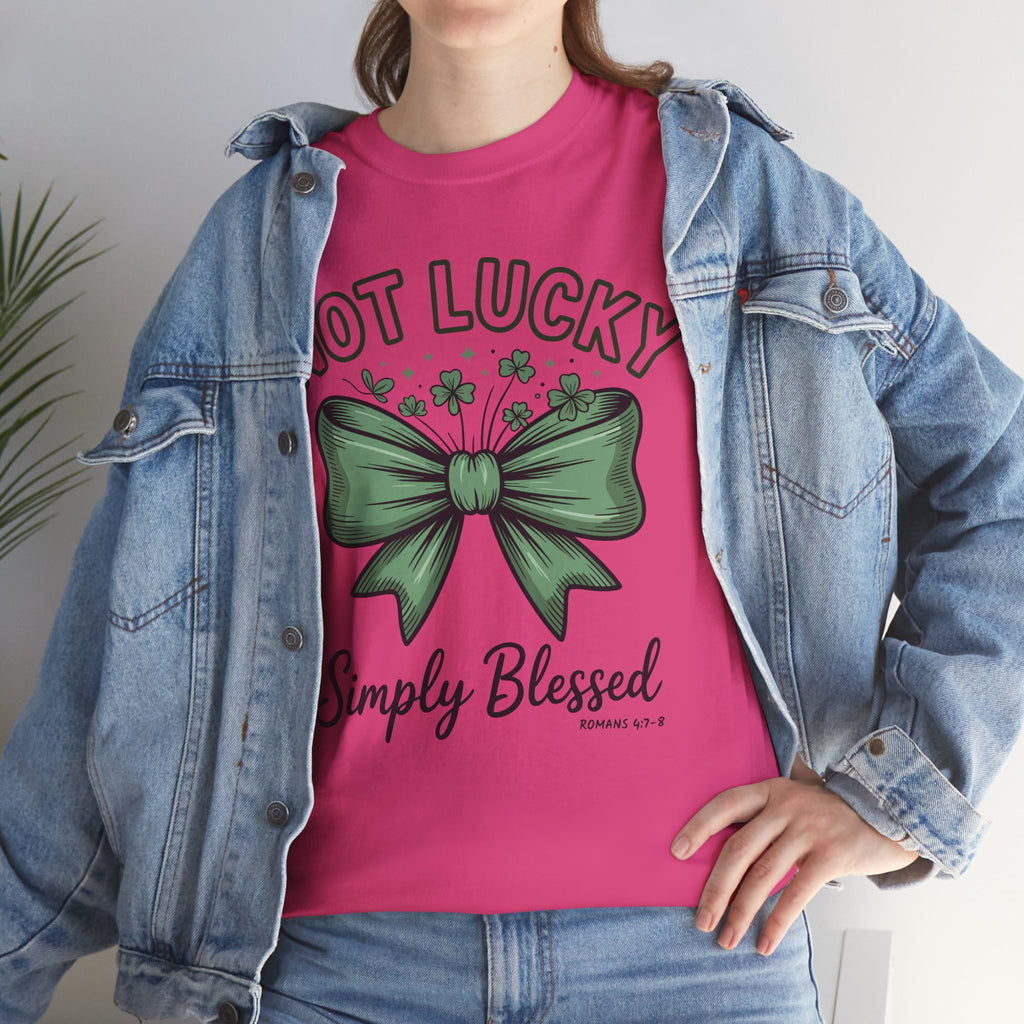 Not Lucky, Simply Blessed T-Shirt — Green Bow & Clovers St. Patrick’s Unisex Cotton Tee
