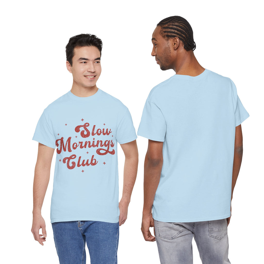 Slow Mornings Club T-Shirt — Retro Red Sparkle Unisex Cotton Tee