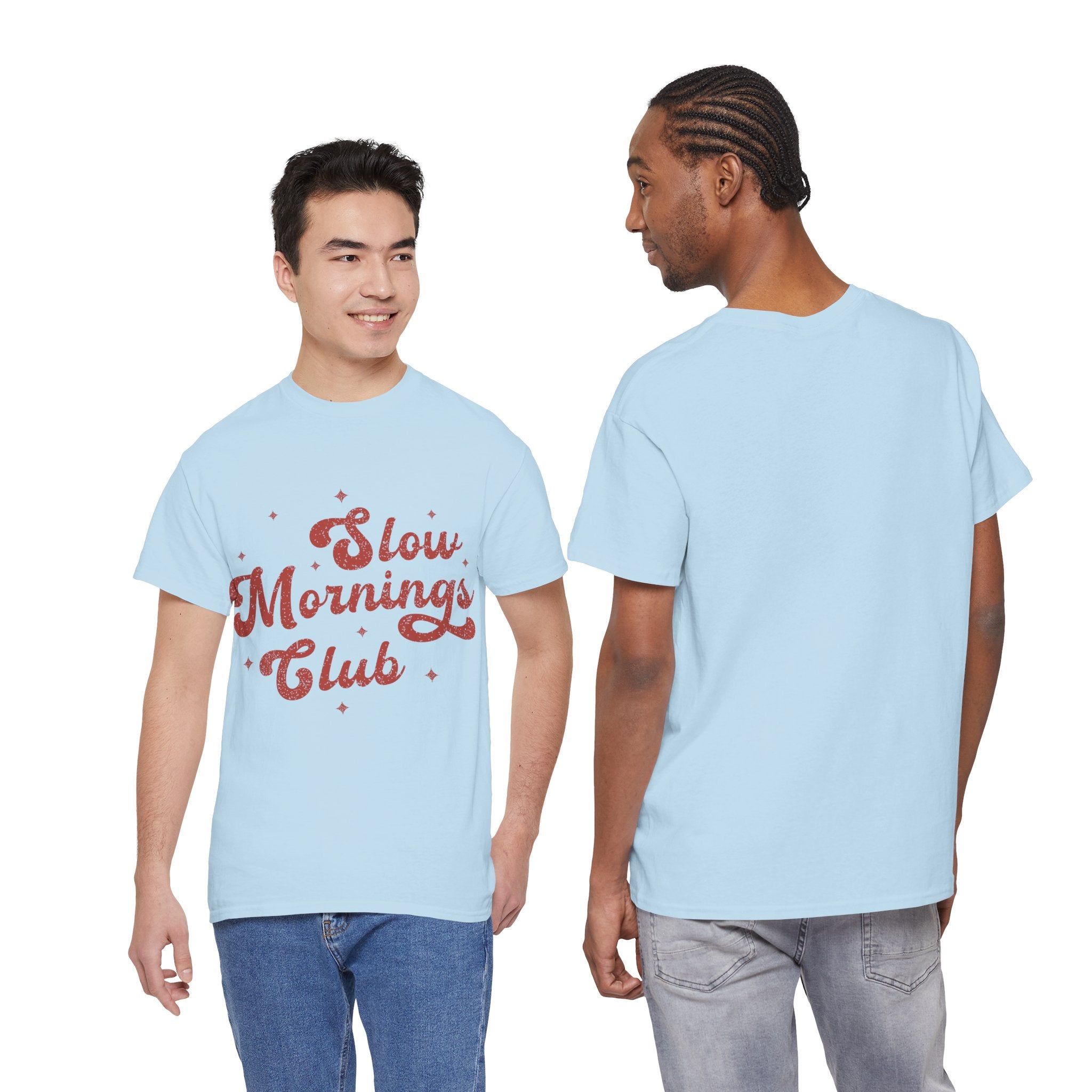 Slow Mornings Club T-Shirt — Retro Red Sparkle Unisex Cotton Tee