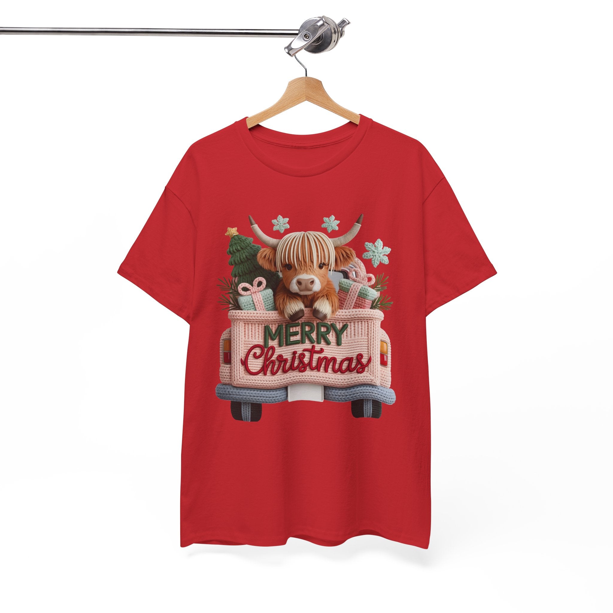Merry Christmas Highland Cow Knit Truck Unisex Cotton T-Shirt