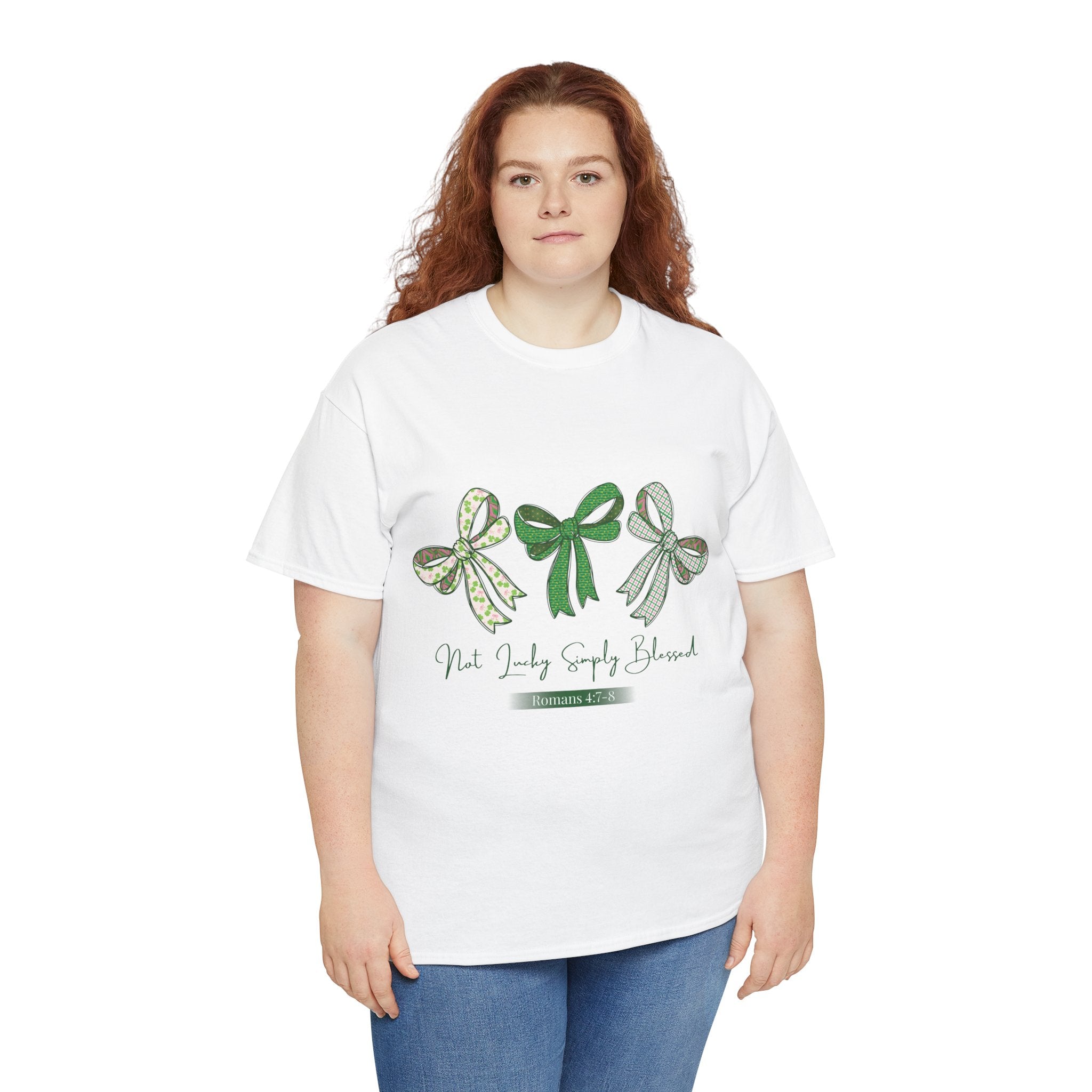 Not Lucky Simply Blessed Tee — Romans 4:7-8 Green Bow Christian Unisex Cotton T-Shirt