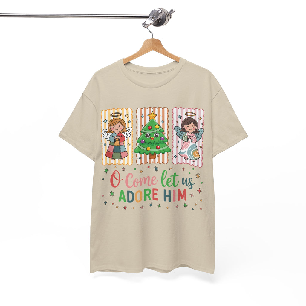 O Come Let Us Adore Him Christmas Tee — Smiling Angels & Happy Tree..Unisex Cotton Tee