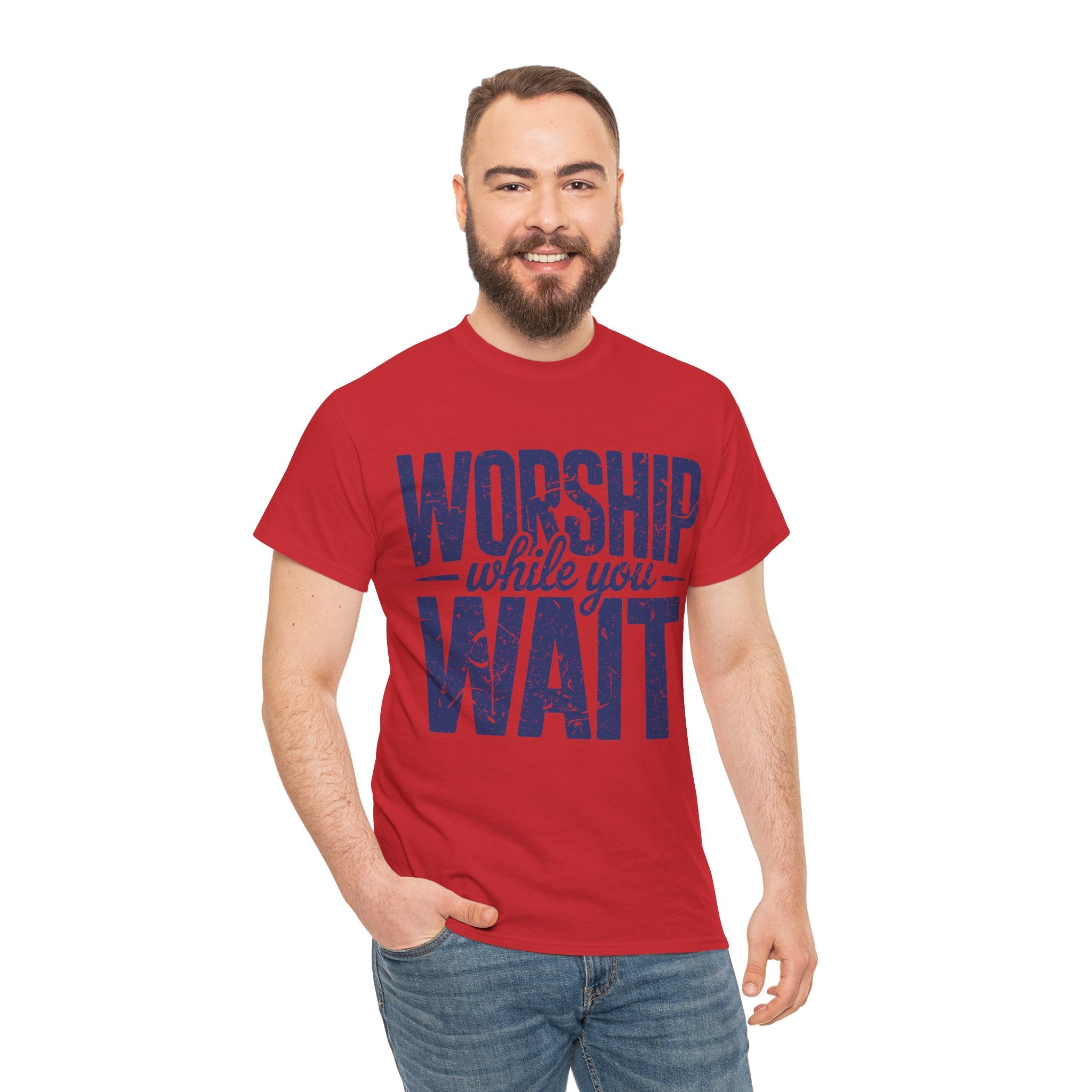 Worship While You Wait T‑Shirt — Distressed Pastel Blue Faith Unisex Cotton Tee