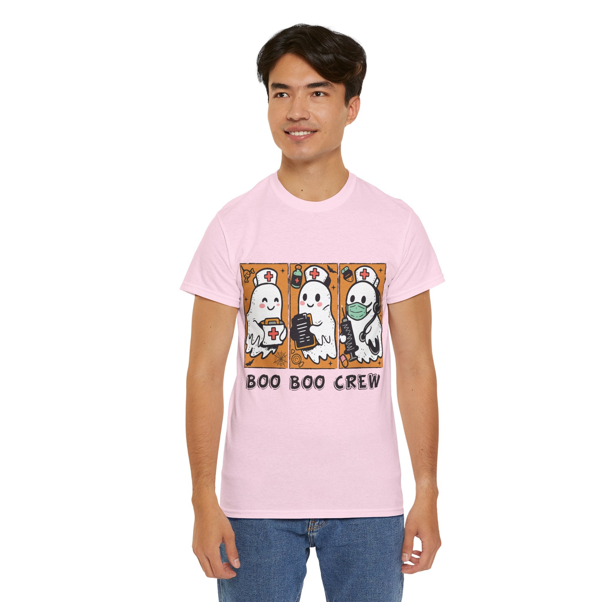 Halloween Nurse T-Shirt — Ghost Nurses Holding Medical Tools on Orange Unisec Cotton Tee