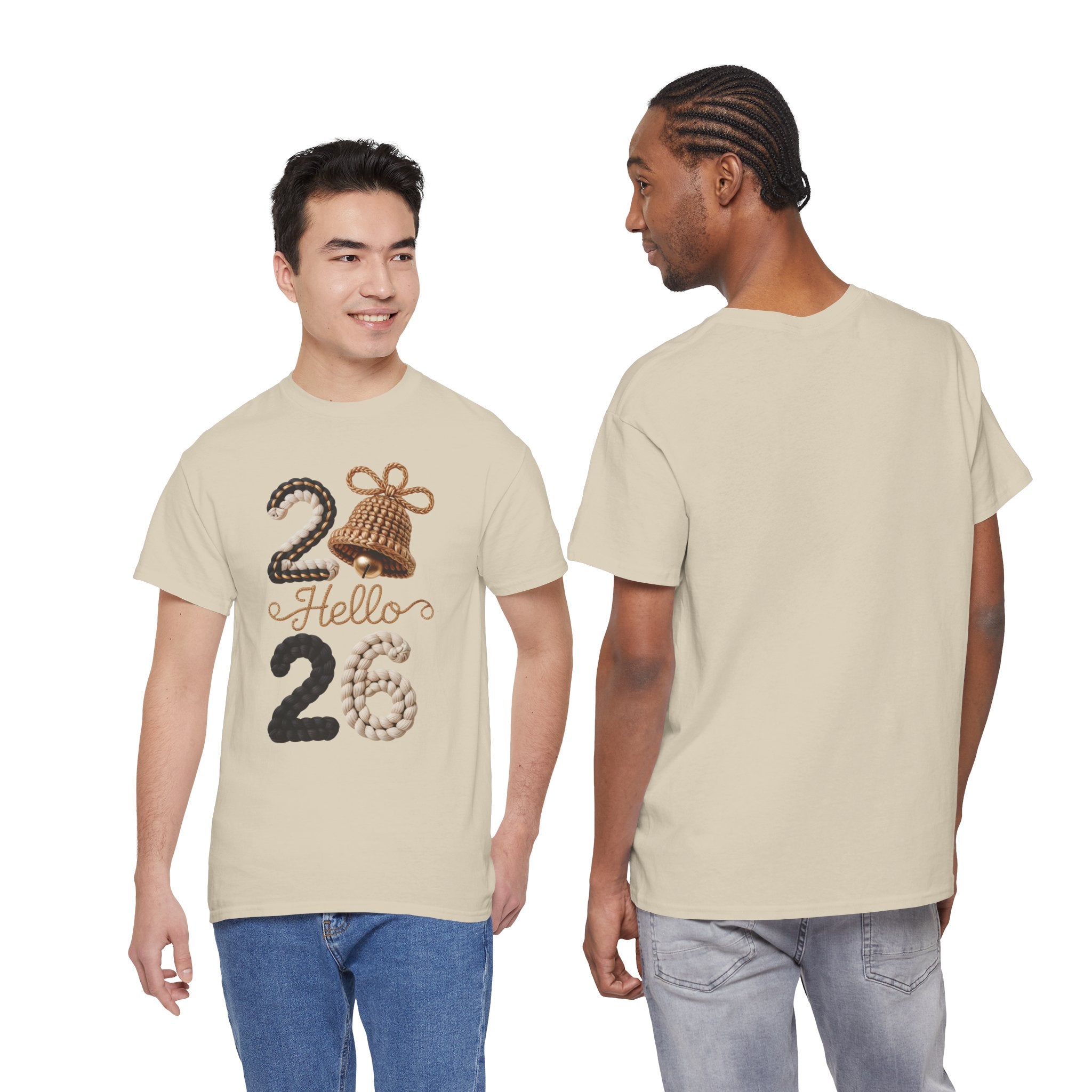 Hello 2026 Tee — Cozy Faux Yarn Braided Numbers with Woven Golden Bell..Unisex Cotton Tee
