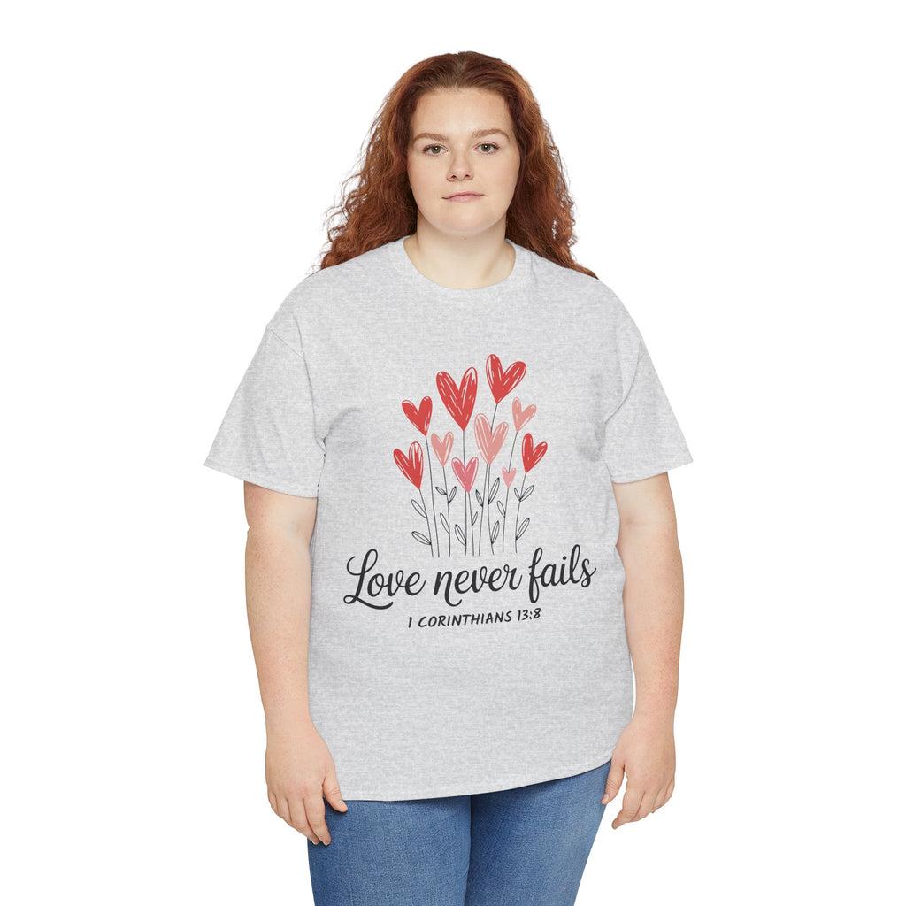 Christian Valentine T-Shirt — "Love Never Fails" (1 Corinthians 13:8) Unisex Cotton Tee